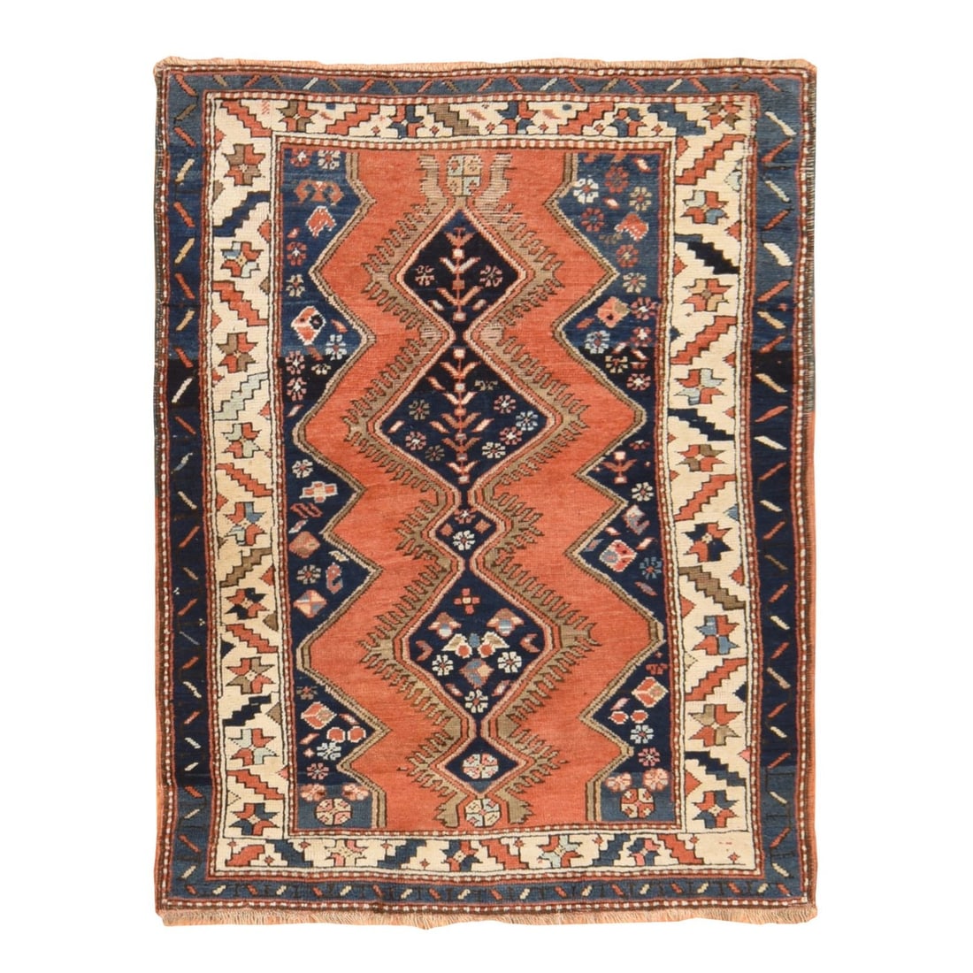 3'8"x4'10" Orange Antique Caucasian Kazak Hand Knotted Pure Wool Rug: 3'8"x4'10" Orange Antique Caucasian Kazak Hand Knotted Pure Wool Rug The 3'8"x4'10" Orange Antique Caucasian Kazak Hand Knotted Pure Wool Rug is a stunning piece of Oriental design, featuring a medall