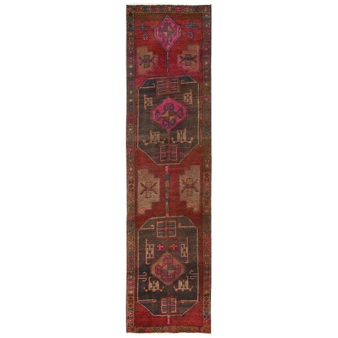 2'10"x11'8" Red Vintage Zoroastrian Khamadan Hand Knotted Wool Runner Rug: 2'10"x11'8" Red Vintage Zoroastrian Khamadan Hand Knotted Wool Runner Rug The 2'10"x11'8" Red Vintage Zoroastrian Khamadan Hand Knotted Wool Runner Rug boasts a striking red field color, complemented 