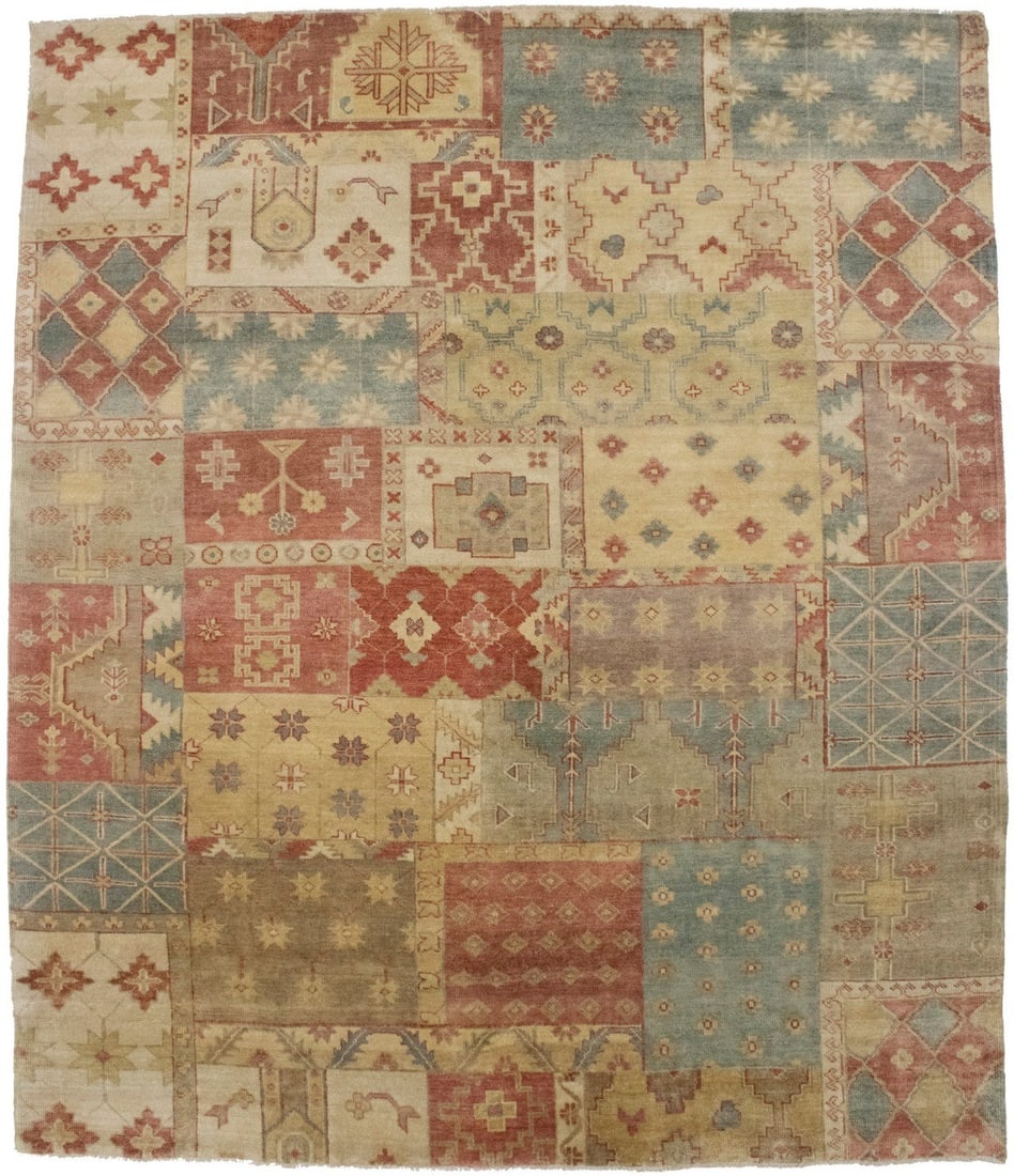 8X10 Handmade Multicolored Wool Rug Modern Patchwork Geometric Decor Carpet Hand-Knotted: 8X10 Handmade Multicolored Wool Rug Modern Patchwork Geometric Decor Carpet Hand-Knotted Hand-knotted with wool and cotton, this 8'3" x 9'10" multicolored patchwork geometric rug boasts a unique, mode