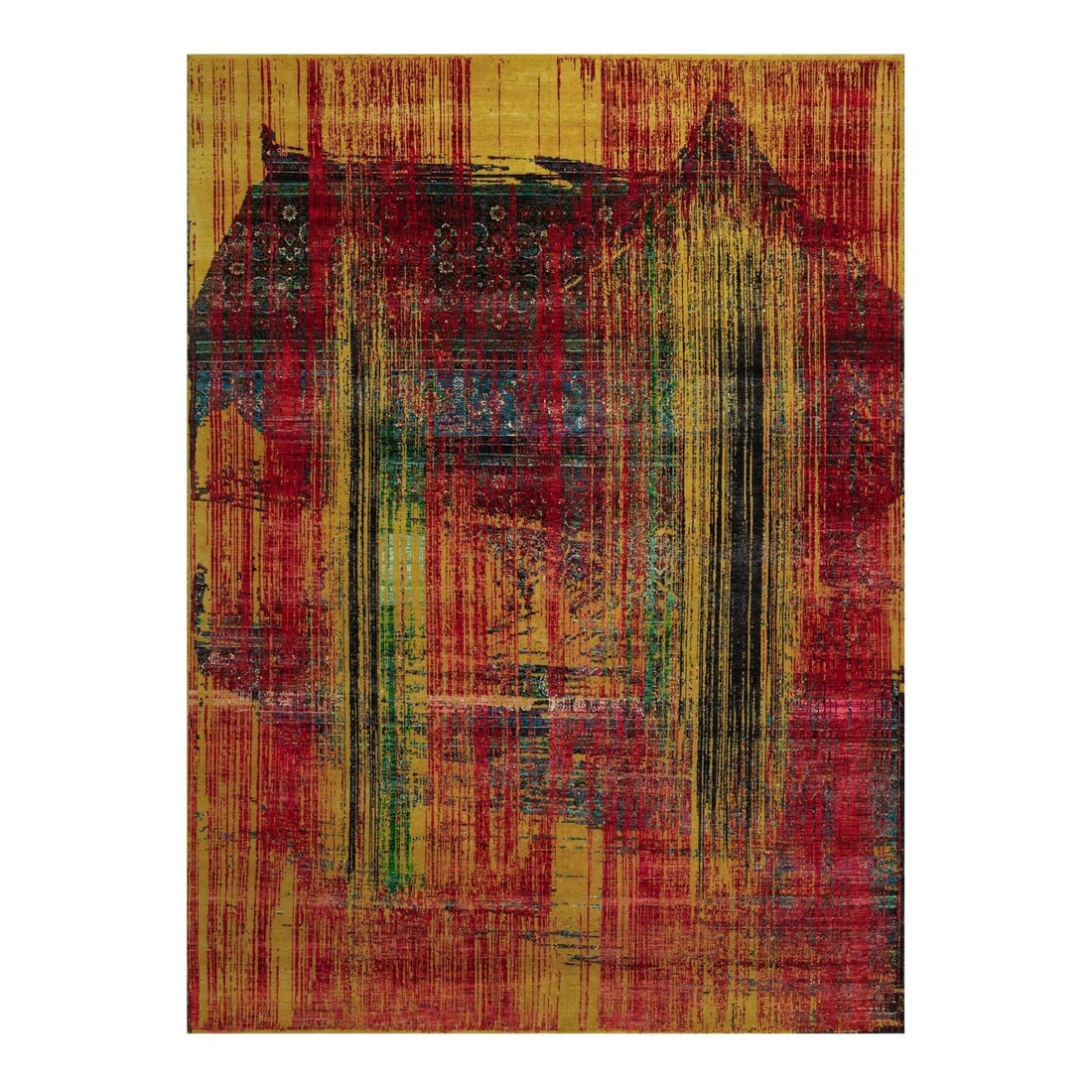 8'10"x12'2" Red-Gold Bleeding Line Erased Design Hand Knotted Silk and Wool: 8'10"x12'2" Red-Gold Bleeding Line Erased Design Hand Knotted Silk and Wool The 8'10"x12'2" Red-Gold Bleeding Line Erased Design Hand Knotted Silk and Wool rug boasts a striking modern design, featuri
