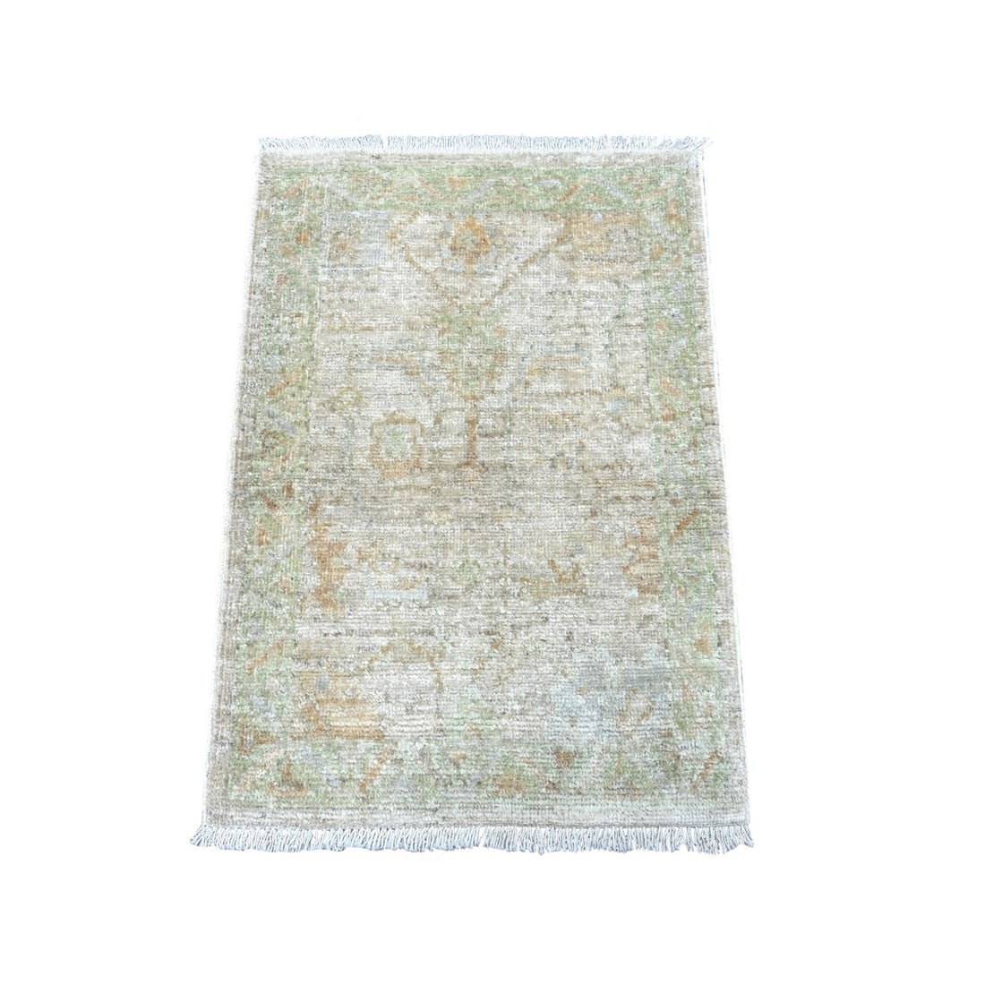 Light Gray Afghan Angora Oushak 100 Wool Hand Knotted Mat Rug: Light Gray Afghan Angora Oushak 100 Wool Hand Knotted Mat Rug Light Gray Afghan Angora Oushak 100 Wool Hand Knotted Mat Rug is a stunning example of traditional Afghan craftsmanship, featuring a beaut