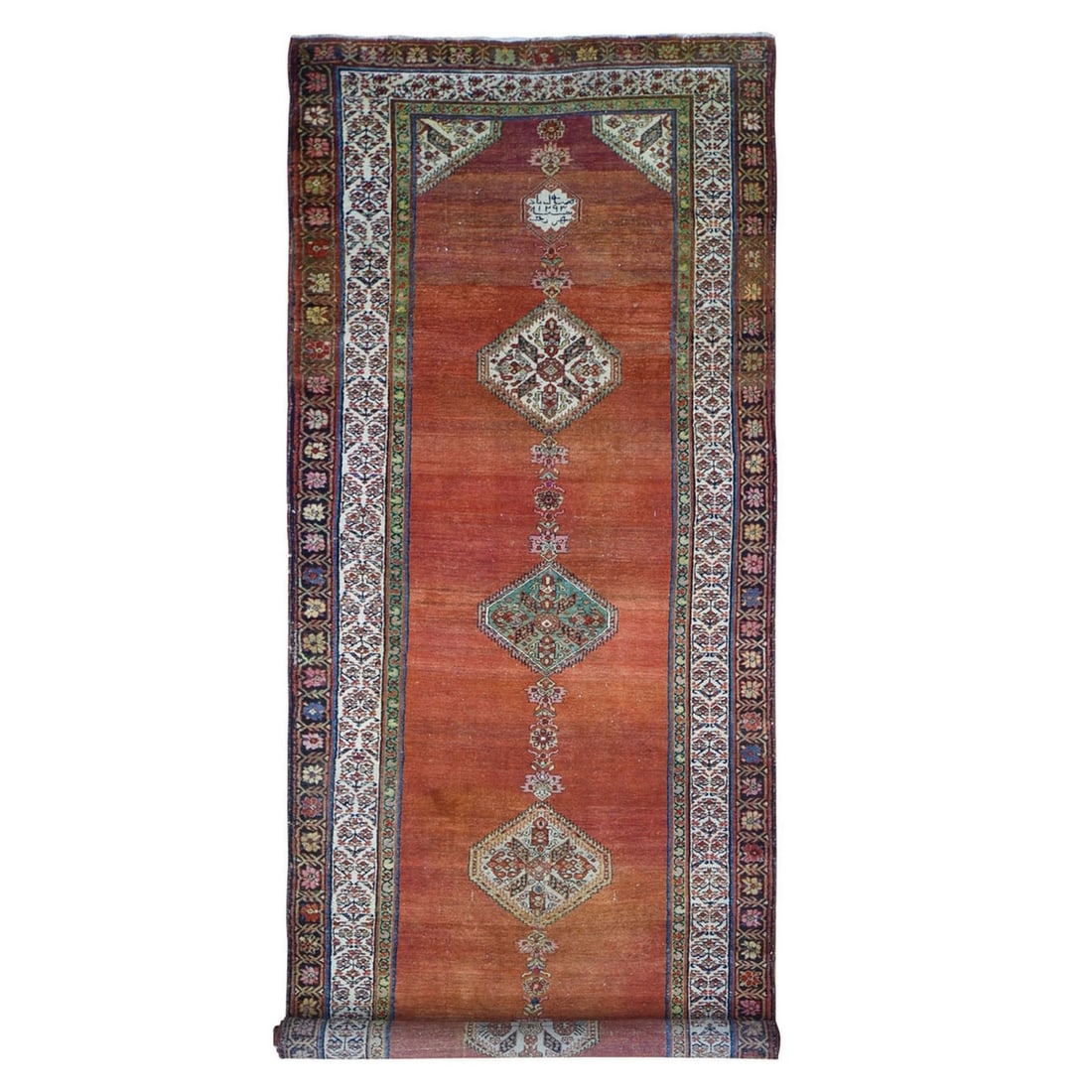 4'8"x12' Red Antique North West Farsian Wide Runner Wool Hand Made Rug: 4'8"x12' Red Antique North West Farsian Wide Runner Wool Hand Made Rug Hand-knotted in wool, this 4'8"x12' red antique North West Farsian wide runner rug boasts an intricate oriental design, character
