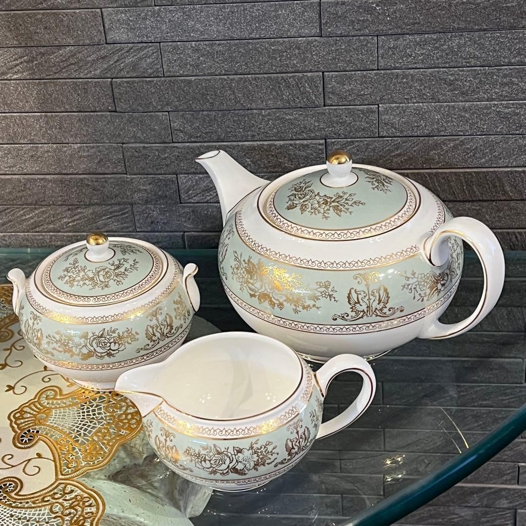 Bone China Set 3pc Sage Green Creamer Teapot Sugar Bowl (1 of 7)