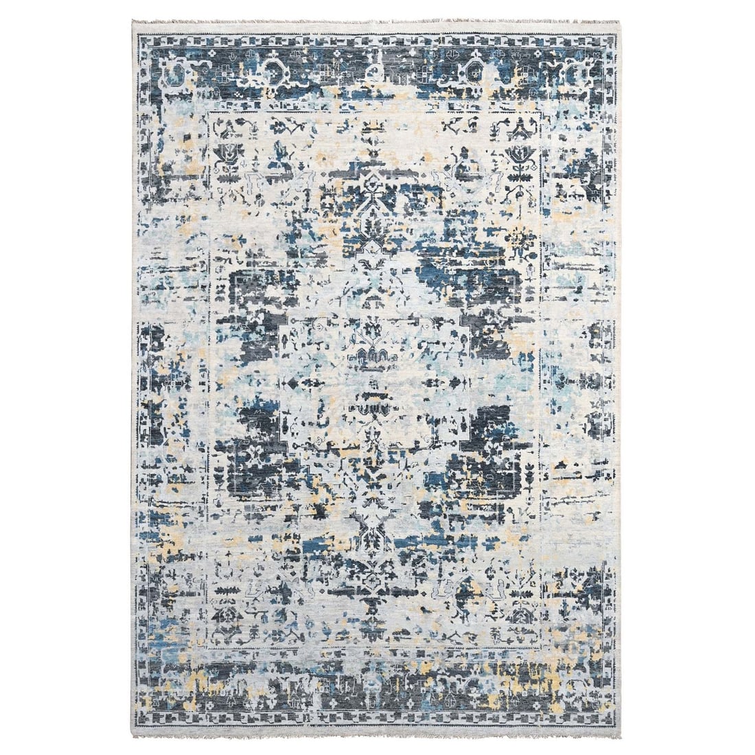 8'10"x12' Ivory Hand Knotted Pure Wool Zoroastrian Design Oriental Rug: 8'10"x12' Ivory Hand Knotted Pure Wool Zoroastrian Design Oriental Rug Hand-knotted in pure wool, this 8'10"x12' Zoroastrian design Oriental rug boasts a timeless ivory color and intricate patterns in