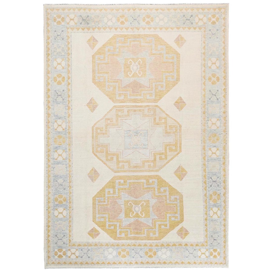 Hand Knotted Wool Rug Anatolian Village Ivory Pile Design Zero 9'7"x14: Hand Knotted Wool Rug Anatolian Village Ivory Pile Design Zero 9'7"x14 Hand-knotted Anatolian village wool rug in an ivory pile design, featuring a geometric regional pattern in gold, brown, and light