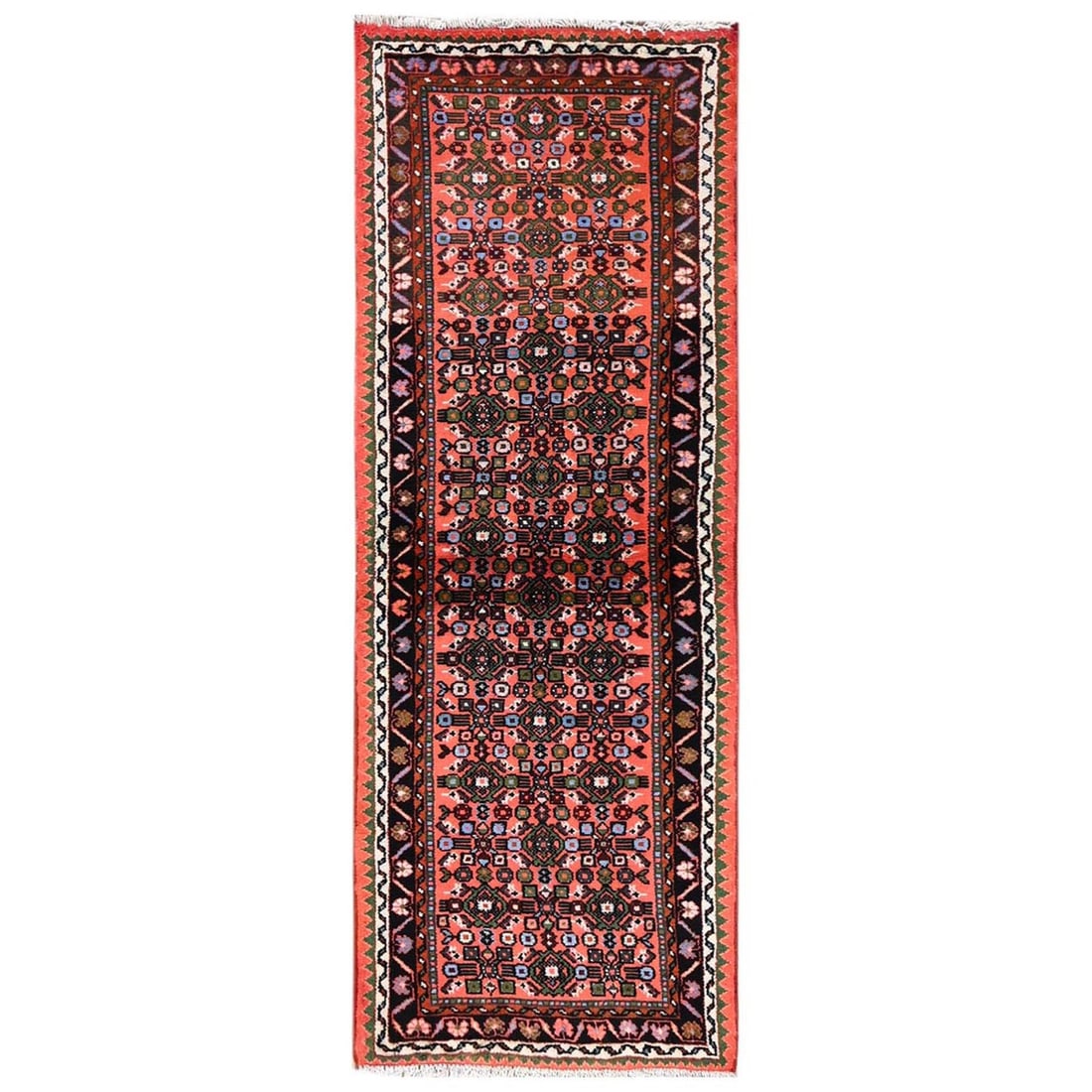 2'3"x6'4" Orange Fish Mahi Design New Hand Knotted Wool Runner Oriental Rug: 2'3"x6'4" Orange Fish Mahi Design New Hand Knotted Wool Runner Oriental Rug Hand-knotted in wool, this vibrant orange runner rug boasts an all-over oriental design, showcasing a rich regional style fr