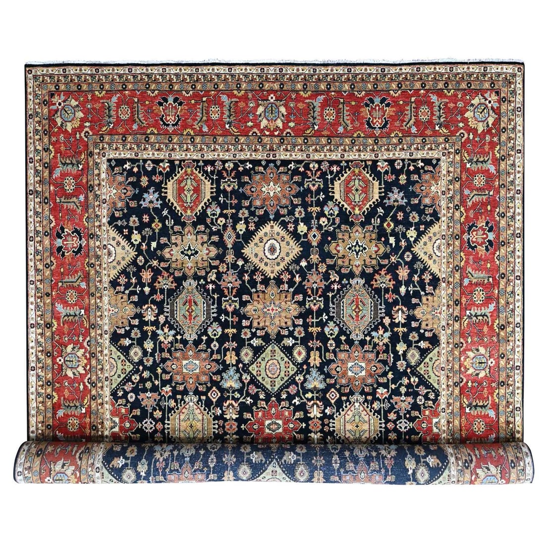 12'x15'2" Black Karjihooz Design with Medallions Hand Knotted Wool XL Rug: 12'x15'2" Black Karjihooz Design with Medallions Hand Knotted Wool XL Rug Black Karjihooz Design with Medallions Hand Knotted Wool XL Rug is a stunning 12'0" x 15'2" rectangular field rug featuring a 