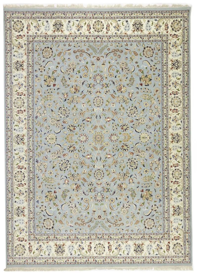 Allover Floral Design Handmade Indo-Nain Oriental Rug Dining Room Carpet 9X12Ft Hand-Knotted: Allover Floral Design Handmade Indo-Nain Oriental Rug Dining Room Carpet 9X12Ft Hand-Knotted Hand-knotted in wool and silk, this 9x12 foot Allover Floral Design Indo-Nain Oriental Rug boasts a stunnin
