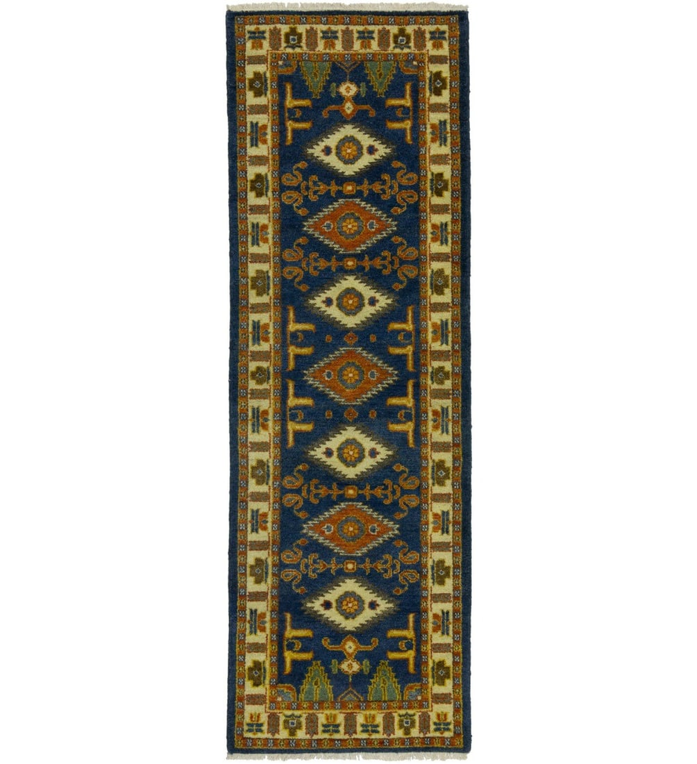 2'8 X 8'2 Handmade Kazak Oriental Runner Rug Geometric Blue Carpet 3X8 Ft Hand-Knotted: 2'8 X 8'2 Handmade Kazak Oriental Runner Rug Geometric Blue Carpet 3X8 Ft Hand-Knotted Hand-knotted in wool, this 2'8 x 8'2 Geometric Blue Kazak Oriental Runner Rug boasts a rich, medium pile height a