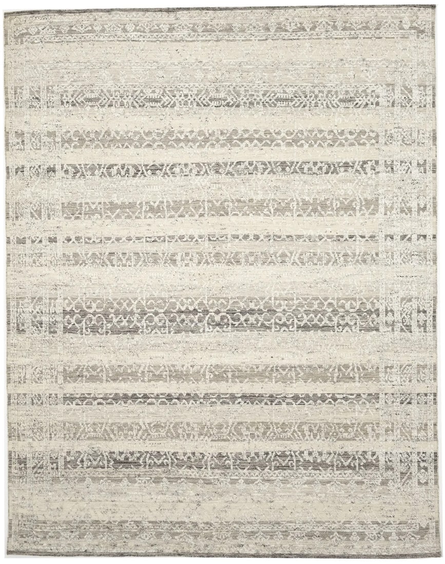 Handmade 8X10 Modern Oriental Rug Geometric Design High-Low Relief Carpet Hand-Knotted: Handmade 8X10 Modern Oriental Rug Geometric Design High-Low Relief Carpet Hand-Knotted Hand-knotted in wool with a cotton foundation, this 8'2 x 10'0 modern oriental rug boasts a striking geometric de