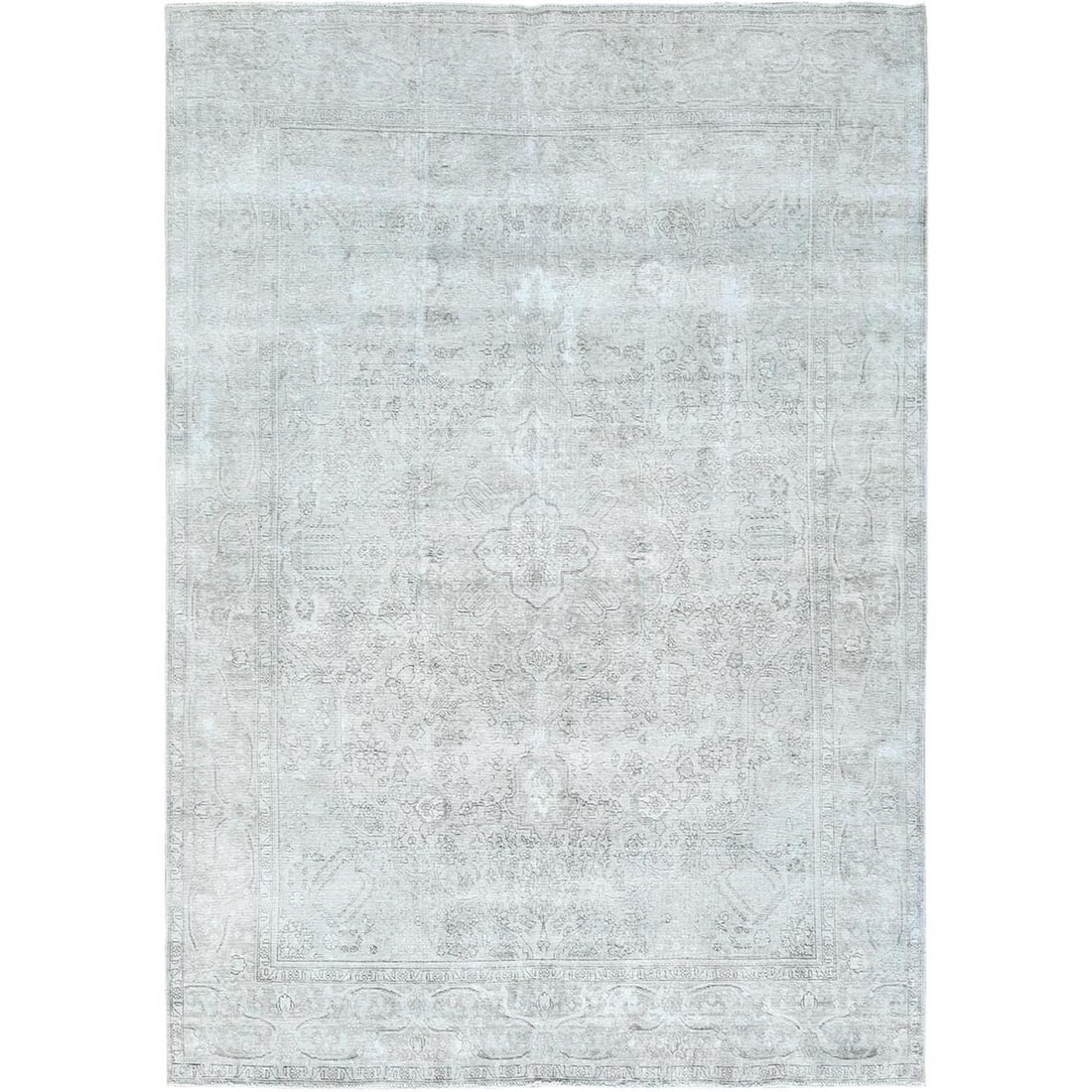 9'4"x12'3" Gray Worn Wool Hand Knotted Vintage Zoroastrian Tebraz Rug: 9'4"x12'3" Gray Worn Wool Hand Knotted Vintage Zoroastrian Tebraz Rug The 9'4"x12'3" Gray Worn Wool Hand Knotted Vintage Zoroastrian Tebraz Rug boasts a stunning grey color and rectangular field desig