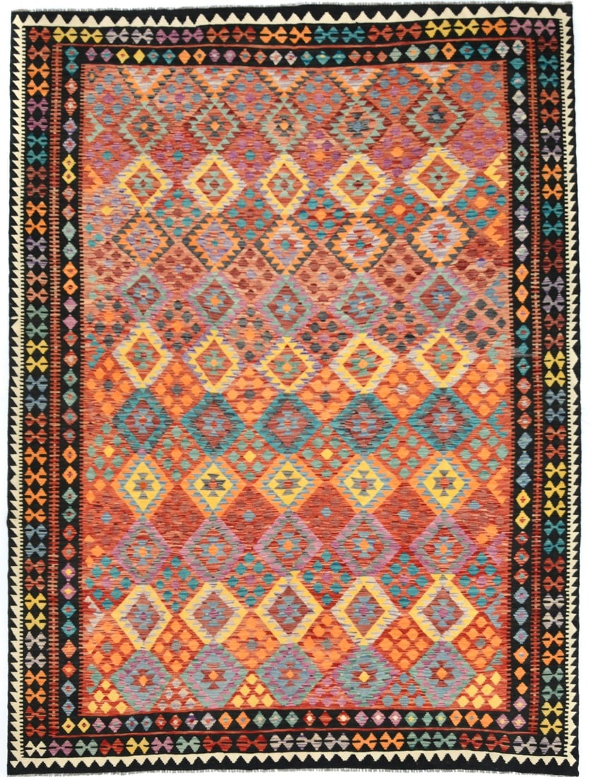 10X13 Extra-Large Reversible Multicolor Geometric Kilim Oriental Rug Carpet Hand-Knotted: 10X13 Extra-Large Reversible Multicolor Geometric Kilim Oriental Rug Carpet Hand-Knotted This 10x13 extra-large reversible multicolor geometric kilim rug is a stunning piece of handmade craftsmanship.