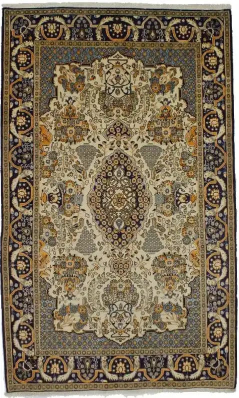 5X9 Ft One-Of-A-Kind Handmade Wool & Silk Oriental Rug Birds Design Decor Carpet Hand-Knotted: 5X9 Ft One-Of-A-Kind Handmade Wool & Silk Oriental Rug Birds Design Decor Carpet Hand-Knotted Unique Vintage Pictorial Design Hand-Knotted Wool & Silk Oriental Rug. This 5'2" x 8'6" cream and navy blu