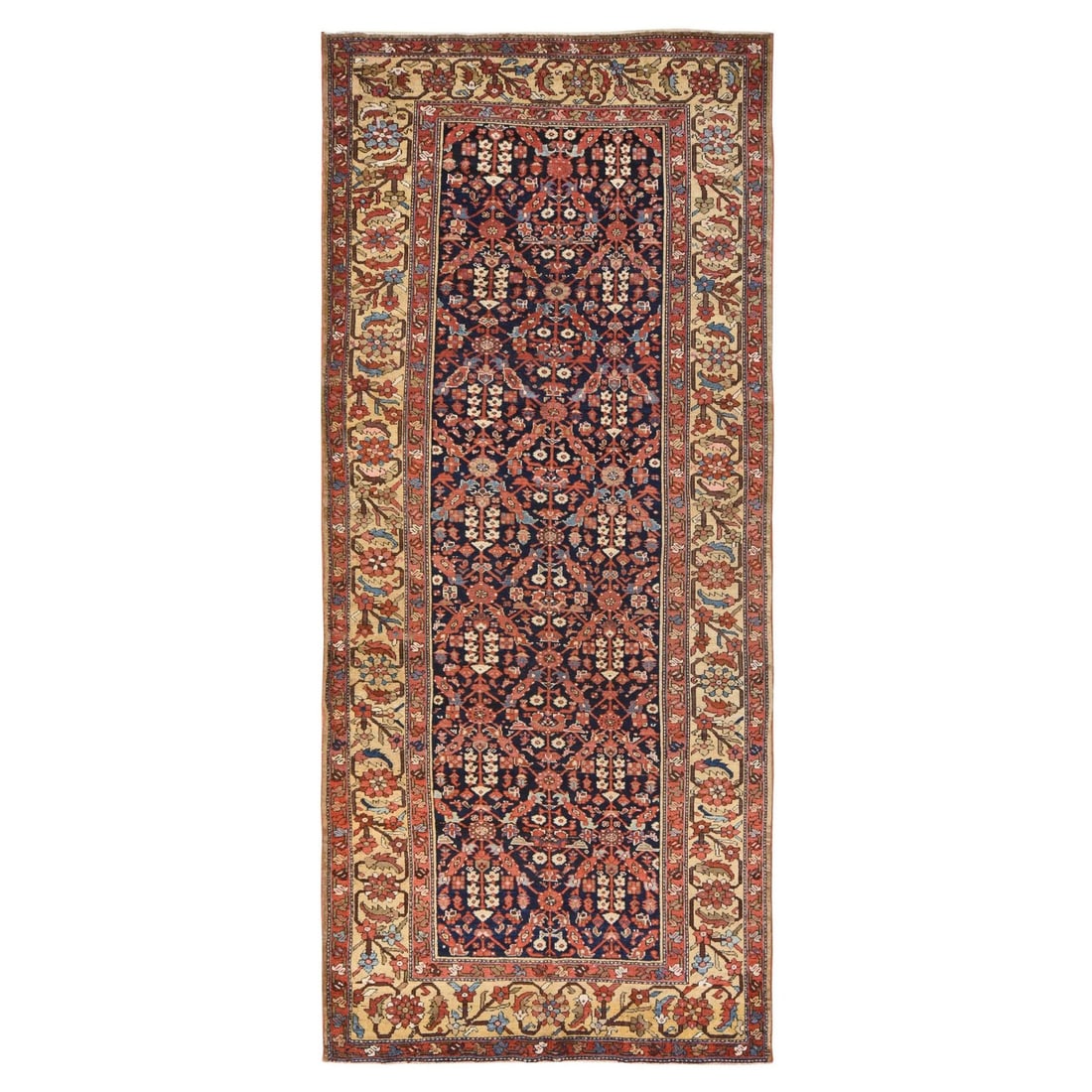 6'x13'9" Blue Antique Zoroastrian Malayer Hand Knotted Wool Runner Rug: 6'x13'9" Blue Antique Zoroastrian Malayer Hand Knotted Wool Runner Rug This stunning 6'0" x 13'9" Blue Antique Zoroastrian Malayer Hand Knotted Wool Runner Rug boasts a rich, vibrant blue field color 