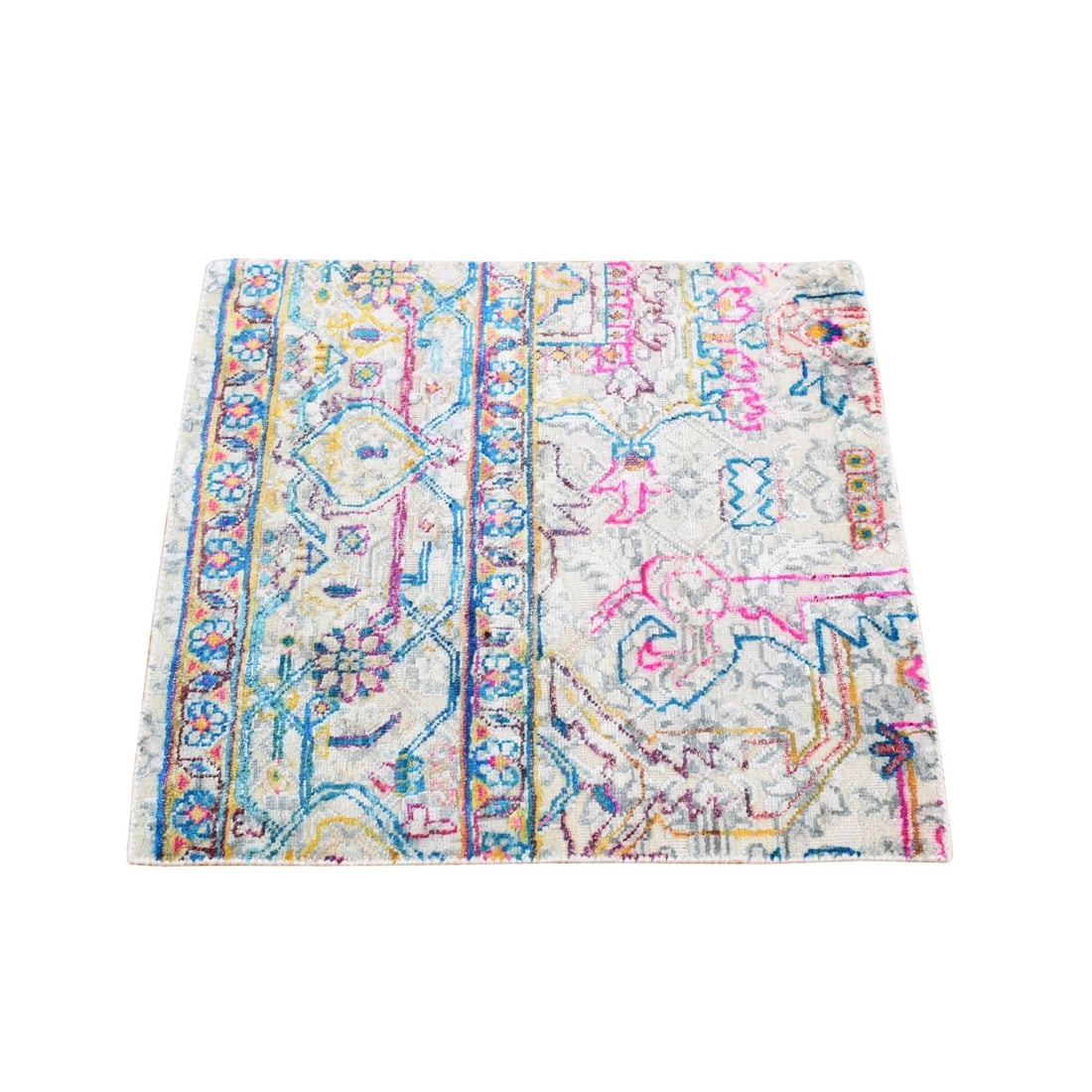 2'x2' White Modern Design Silk with Wool Hand Knotted Sample Mat Rug: 2'x2' White Modern Design Silk with Wool Hand Knotted Sample Mat Rug Silk and wool hand-knotted in a modern design, this 2'x2' ivory square rug boasts a clean and minimalist aesthetic. Made with high-