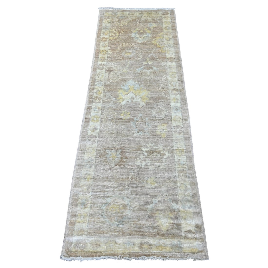 2'1"x6'2" Brown Angora Oushak Leaf Design Hand Knotted Wool Runner Rug: 2'1"x6'2" Brown Angora Oushak Leaf Design Hand Knotted Wool Runner Rug Brown Angora Oushak Leaf Design Hand Knotted Wool Runner Rug, 2'1"x6'2", features a striking floral pattern in a rich brown field