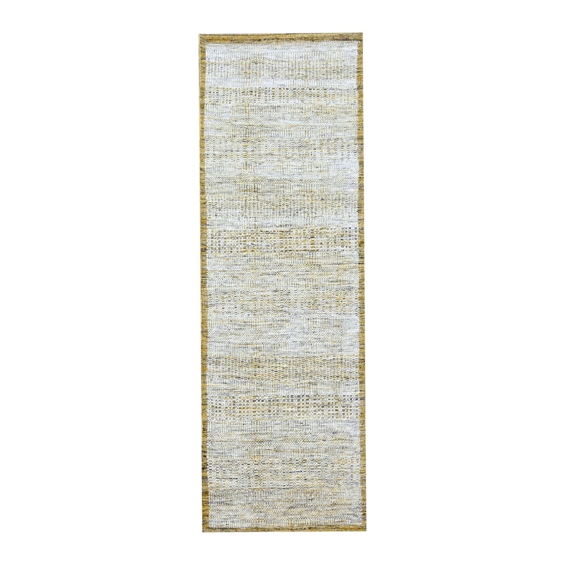 2'7"x8'2" White & Gold Hand Knotted Oxidized Grass Design Wool Runner Rug: 2'7"x8'2" White & Gold Hand Knotted Oxidized Grass Design Wool Runner Rug Modern and elegant, this 2'7"x8'2" white and gold hand knotted wool runner rug boasts a striking oxidized grass design in a vi