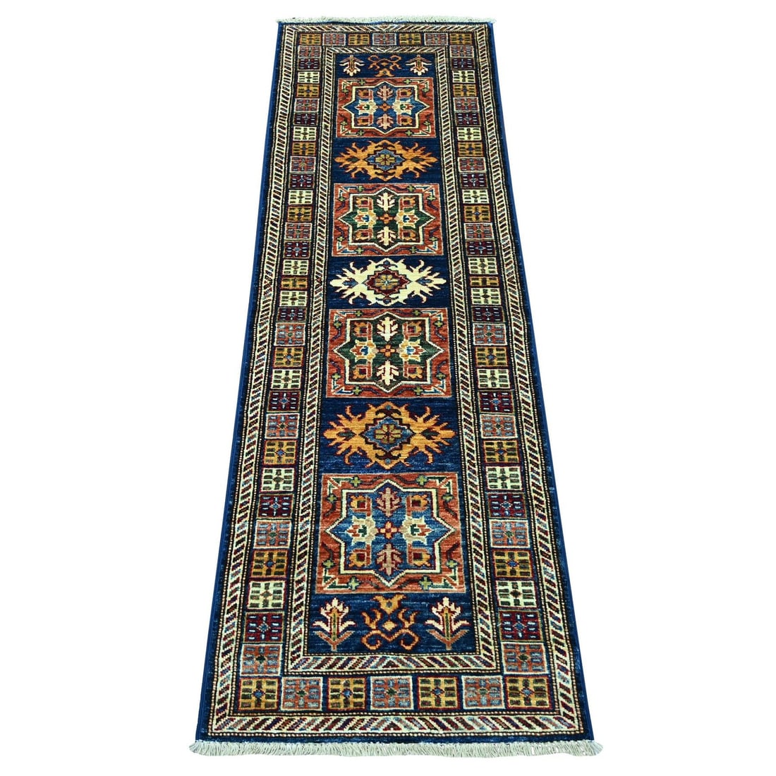 1'10"x6' Navy Blue Afghan Super Kazak Hand Knotted Pure Wool Runner Rug: 1'10"x6' Navy Blue Afghan Super Kazak Hand Knotted Pure Wool Runner Rug Navy blue Afghan Super Kazak hand-knotted pure wool runner rug boasts a stunning all-over regional design, characteristic of Ori