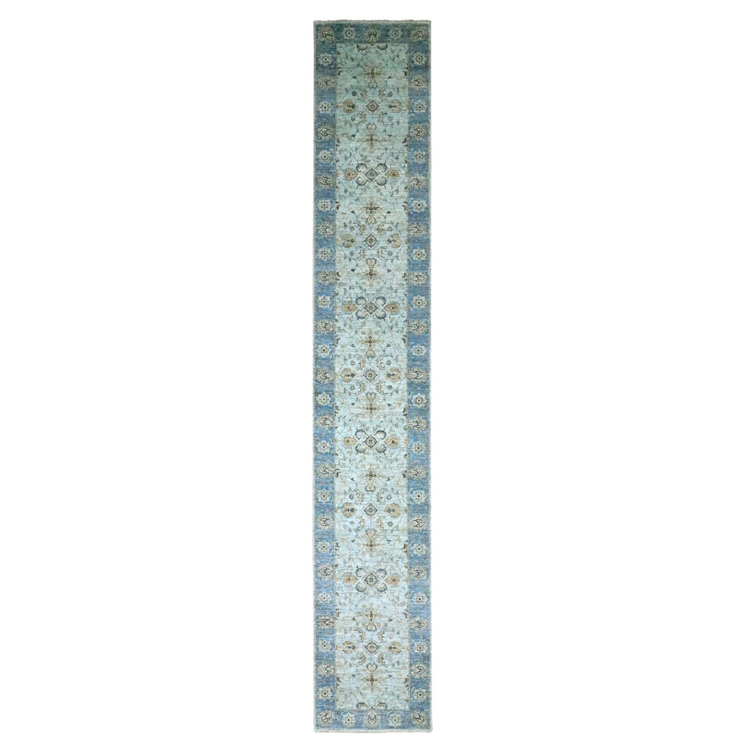 Blue Shah Abbas Flower Design Wool Hand Knotted 2'8"x16'1" Runner Rug (1 of 7)