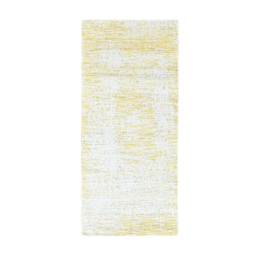 Hand loomed wool silk yellow oriental rug modern 2'7"x6'1: Hand loomed wool silk yellow oriental rug modern 2'7"x6'1 Hand loomed in modern style, this vibrant yellow oriental rug boasts a unique blend of wool and silk fibers, creating a stunning visual effect