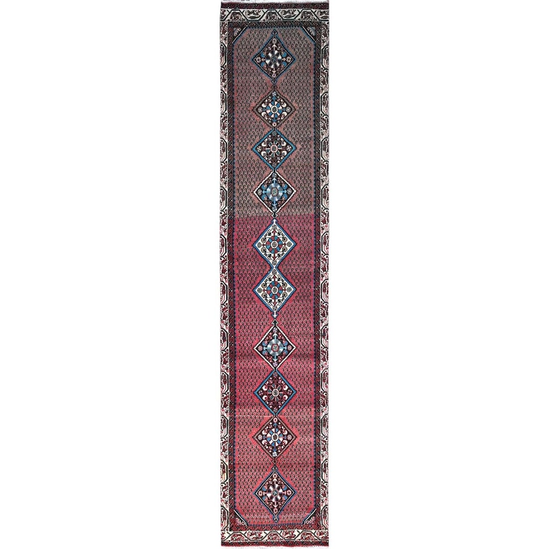 2'6"x12'9" Red Distressed Look With No Holes Vintage Runner Oriental Rug: 2'6"x12'9" Red Distressed Look With No Holes Vintage Runner Oriental Rug Red Distressed Look Vintage Runner Oriental Rug: A stunning 2'6"x12'9" hand-knotted wool runner with a rich, vibrant red color 