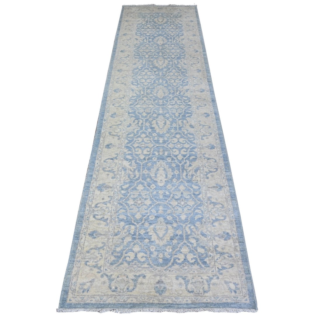 2'8"x10'4" Blue Hand Knotted Natural Wool White Wash Peshawar Runner Rug: 2'8"x10'4" Blue Hand Knotted Natural Wool White Wash Peshawar Runner Rug Blue Hand Knotted Wool White Wash Peshawar Runner Rug measures 2'8" x 10'4" and features a natural wool pile with a blue field 
