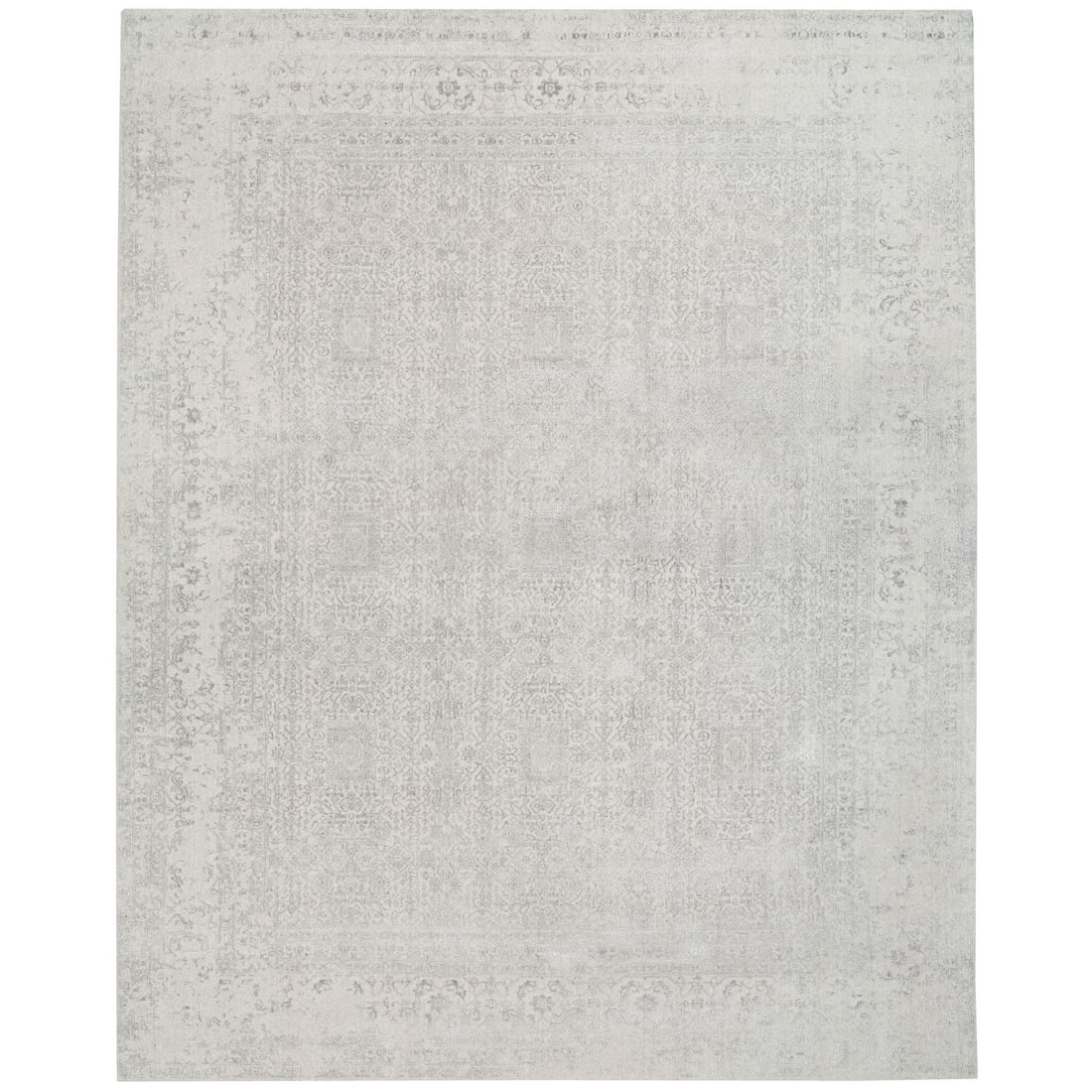 11'10"x14'9" Beige Wool and Silk Hand Loomed Fine Jacquard Oversized Rug: 11'10"x14'9" Beige Wool and Silk Hand Loomed Fine Jacquard Oversized Rug This stunning 11'10"x14'9" Beige Wool and Silk Hand Loomed Fine Jacquard Oversized Rug boasts a classic modern design with a su