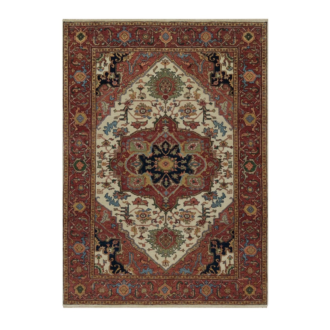Hand Knotted Soft Wool Ivory Antiqued Re Creation 5'1"x7'2" Rug: Hand Knotted Soft Wool Ivory Antiqued Re Creation 5'1"x7'2" Rug Soft and elegant, this hand-knotted wool rug boasts a timeless medallion pattern in rich ivory hues, accented with subtle shades of gree
