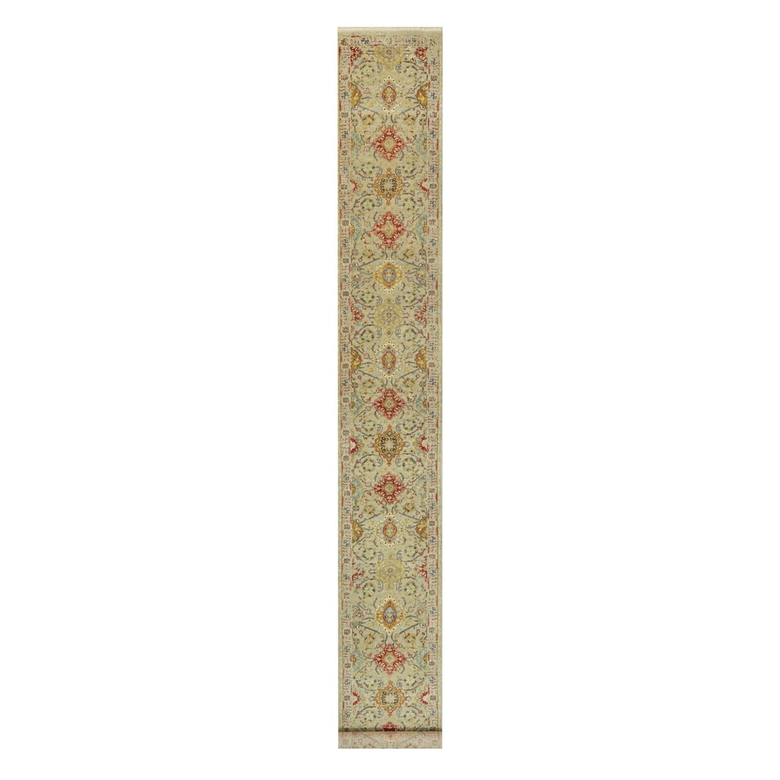 2'7"x19'10" Camel Wool and Silk Sunset Hand Knotted Runner Oriental Rug: 2'7"x19'10" Camel Wool and Silk Sunset Hand Knotted Runner Oriental Rug This stunning 2'7"x19'10" hand-knotted Oriental rug boasts a beautiful beige field with subtle hints of red, yellow, blue, brown