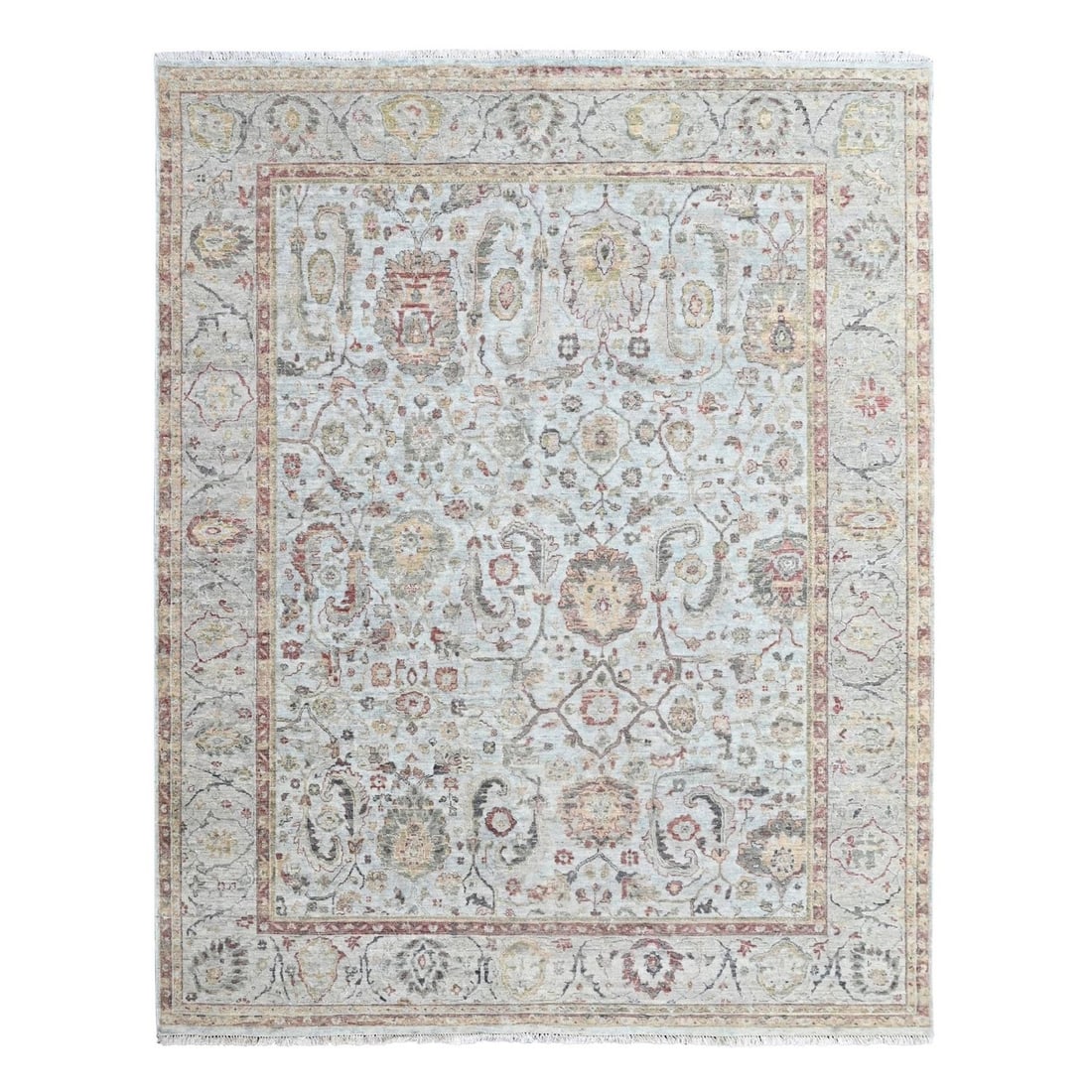 Hand knotted rug Oushak 7'10"x10' Light Gray with Ziegler Mahal Design Pure: Hand knotted rug Oushak 7'10"x10' Light Gray with Ziegler Mahal Design Pure Hand-knotted Oushak rug with a stunning Light Gray background and intricate Ziegler Mahal design. This beautiful piece featu