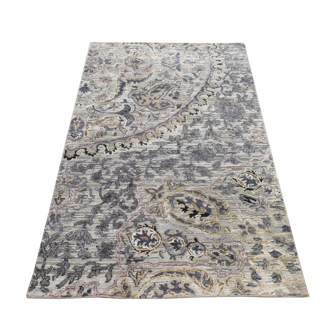 Light Green Pure Silk Hand Knotted Oriental Sampler 3'x5'3: Light Green Pure Silk Hand Knotted Oriental Sampler 3'x5'3 Light Green Pure Silk Hand Knotted Oriental Sampler 3'x5'3 is a stunning piece of art, boasting a textured design that adds depth to its all-