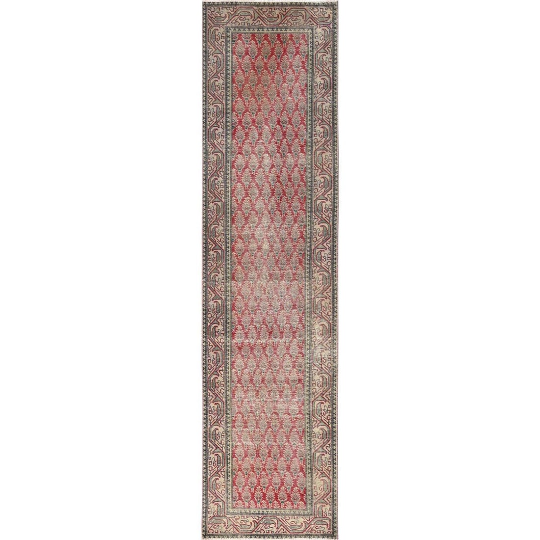 3'x12'8" Red Vintage Zoroastrian Tebraz 100% Wool Hand Knotted Runner Rug: 3'x12'8" Red Vintage Zoroastrian Tebraz 100% Wool Hand Knotted Runner Rug Hand-knotted in 100% wool, this stunning 3'x12'8" Red Vintage Zoroastrian Tebraz runner rug boasts an all-over regional design