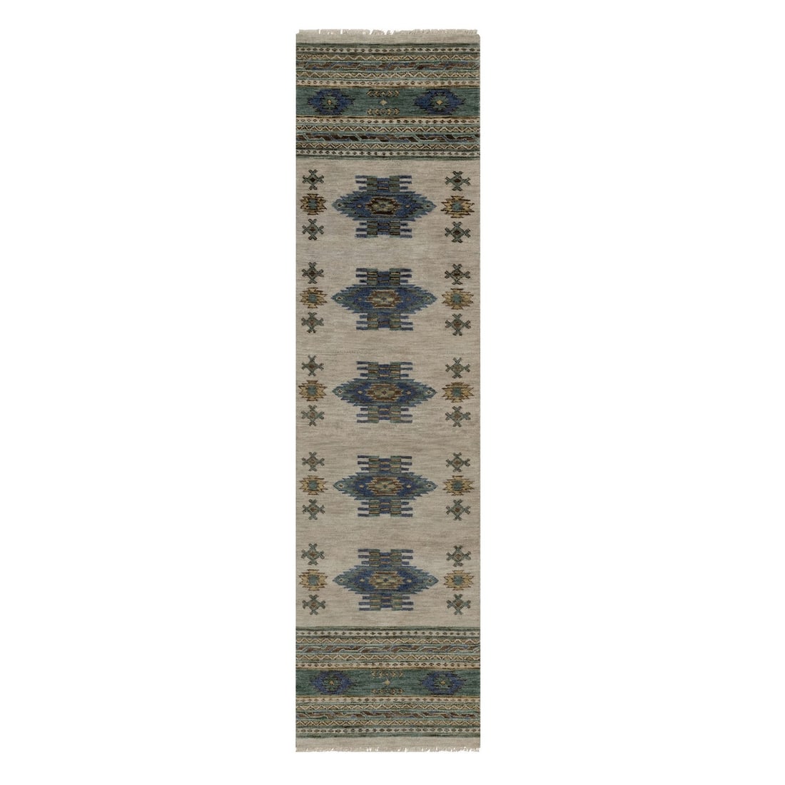 2'8"x9'10" Beige Runner Rug Southwest Indian Design Hand Knotted Pure Wool: 2'8"x9'10" Beige Runner Rug Southwest Indian Design Hand Knotted Pure Wool This stunning 2'8"x9'10" beige runner rug boasts a beautiful Southwest Indian design, expertly hand-knotted from pure wool. T