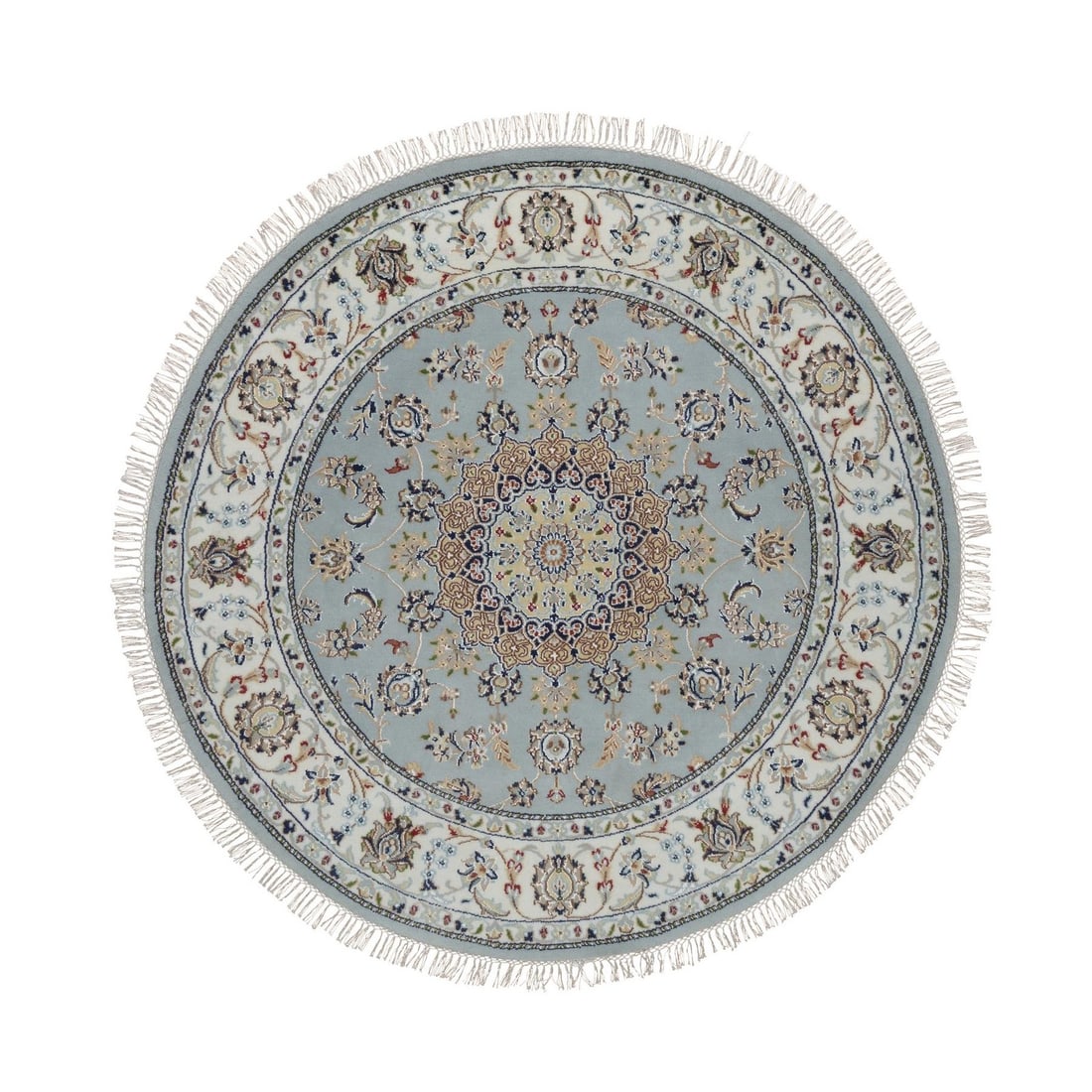 Stone Blue Nain Flower Design Hand Knotted Wool Silk Round Rug: Stone Blue Nain Flower Design Hand Knotted Wool Silk Round Rug The Stone Blue Nain Flower Design Hand Knotted Wool Silk Round Rug boasts a stunning blue hue and intricate floral pattern, carefully han