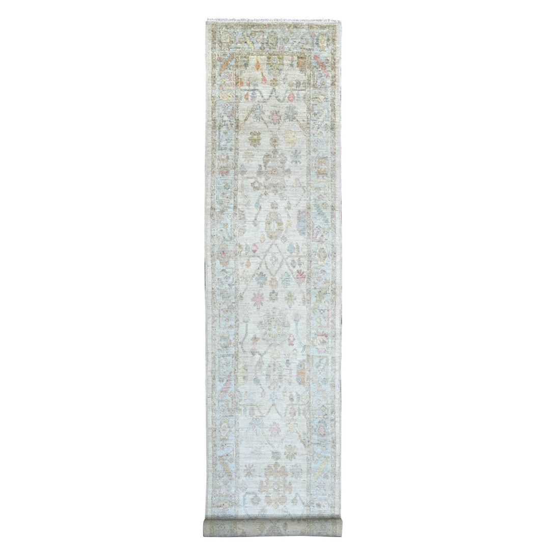 Ivory Oushak Leaf Design Hand Knotted Wool Runner 2'9"x15'7: Ivory Oushak Leaf Design Hand Knotted Wool Runner 2'9"x15'7 Hand-knotted with intricate leaf design, this stunning ivory Oushak wool runner boasts a classic floral pattern in a timeless, neutral hue. 