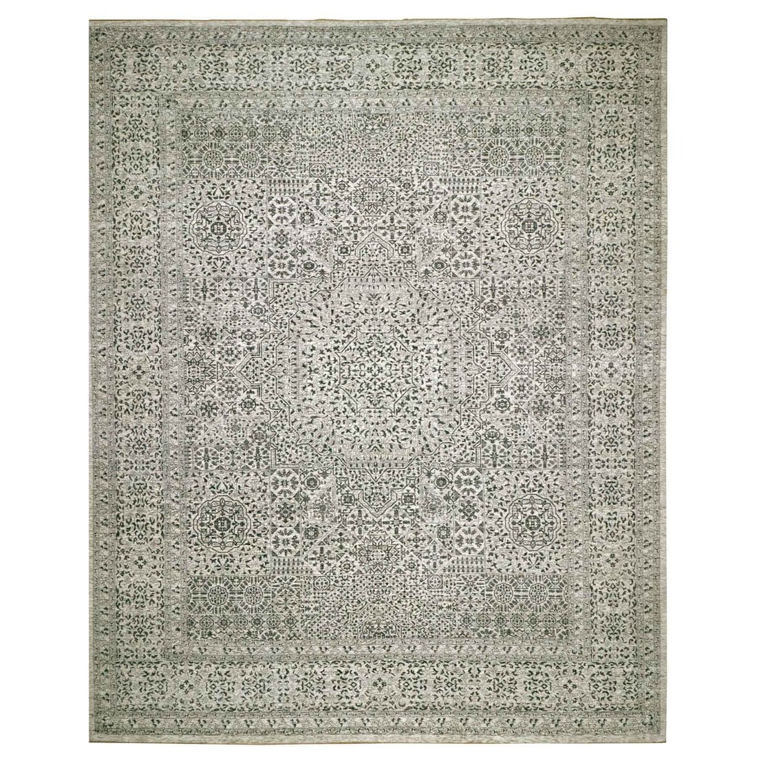 14'1"x17'9" White Mamluk Dynasty Hand Knotted Wool Oversized Oriental Rug: 14'1"x17'9" White Mamluk Dynasty Hand Knotted Wool Oversized Oriental Rug The 14'1"x17'9" White Mamluk Dynasty Hand Knotted Wool Oversized Oriental Rug boasts a stunning ivory color and intricate hand