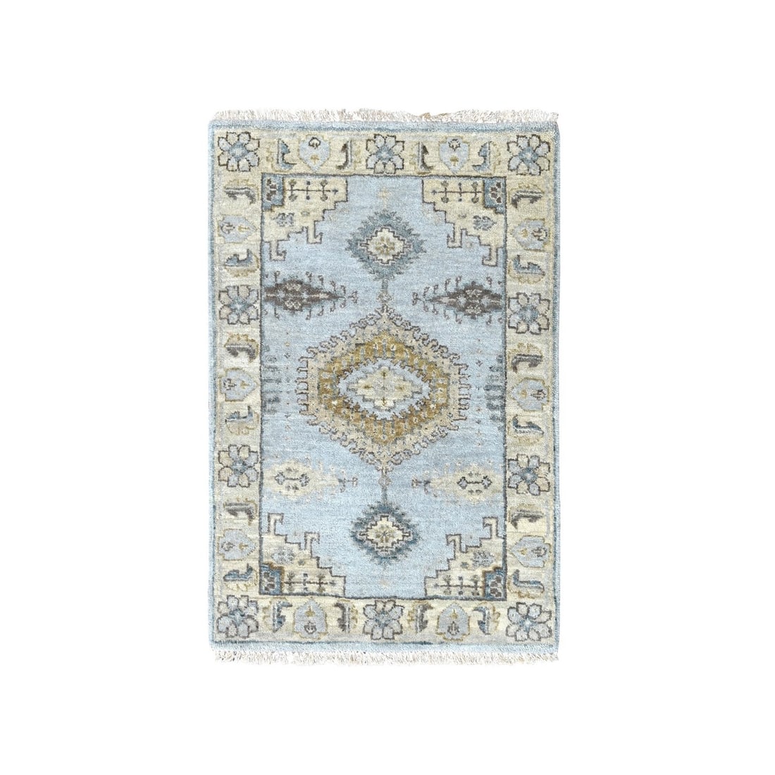 2'x3' Gray Village Inspired Geometric Pattern Hand Knotted Wool Mat Rug: 2'x3' Gray Village Inspired Geometric Pattern Hand Knotted Wool Mat Rug This 2'x3' gray village-inspired geometric pattern hand-knotted wool mat rug features a striking design that adds texture and vi