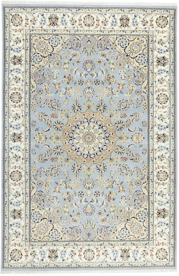 Handmade Indo-Nain Oriental Area Rug Floral Classic Design Wool Carpet 6X9 Ft Hand-Knotted: Handmade Indo-Nain Oriental Area Rug Floral Classic Design Wool Carpet 6X9 Ft Hand-Knotted Hand-knotted with wool and silk, this 6x9 ft floral classic design area rug boasts a traditional style and mo