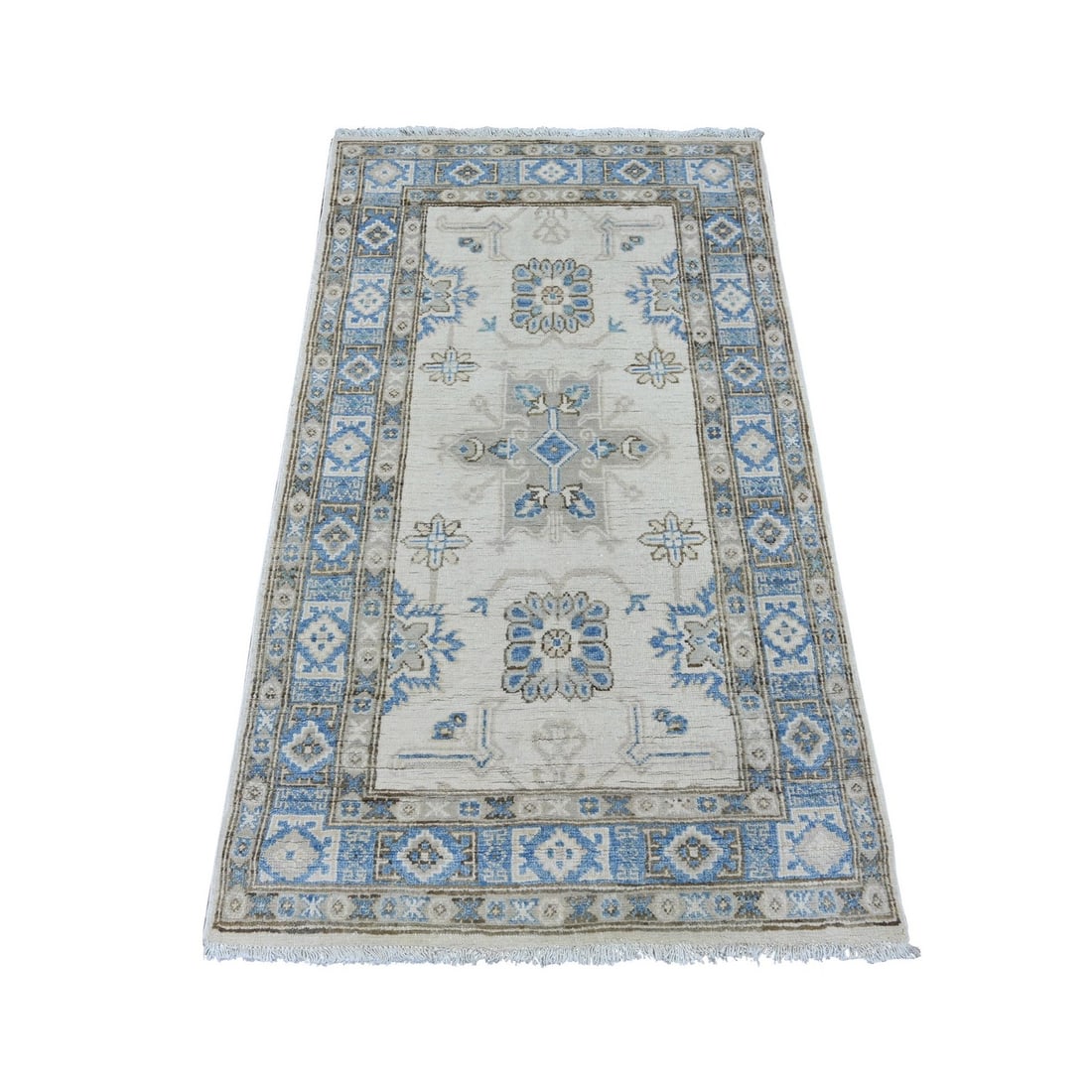 Ivory Vintage Look 3'x4'10" Hand Knotted Wool Tribal Kazak Medallion Rug: Ivory Vintage Look 3'x4'10" Hand Knotted Wool Tribal Kazak Medallion Rug The Ivory Vintage Look 3'x4'10" Hand Knotted Wool Tribal Kazak Medallion Rug is a stunning piece of craftsmanship, boasting a b
