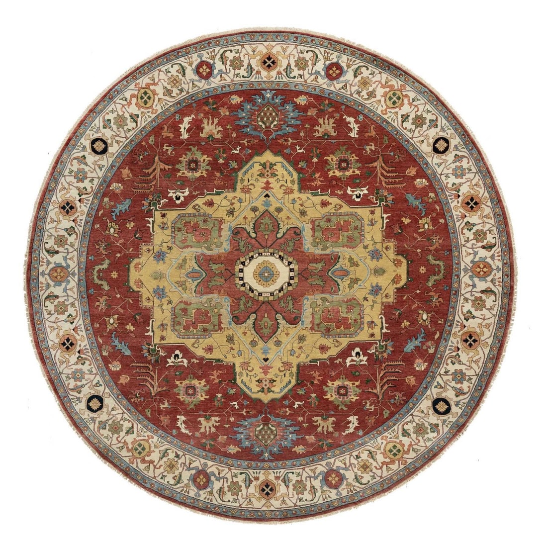 12'x12' Red Antiqued Fine Heris Re-Creation Hand Knotted Wool Round Rug: 12'x12' Red Antiqued Fine Heris Re-Creation Hand Knotted Wool Round Rug Hand-knotted wool rug with a rich red color and intricate design, recreating the classic Heris style. This 12' x 12' round rug b