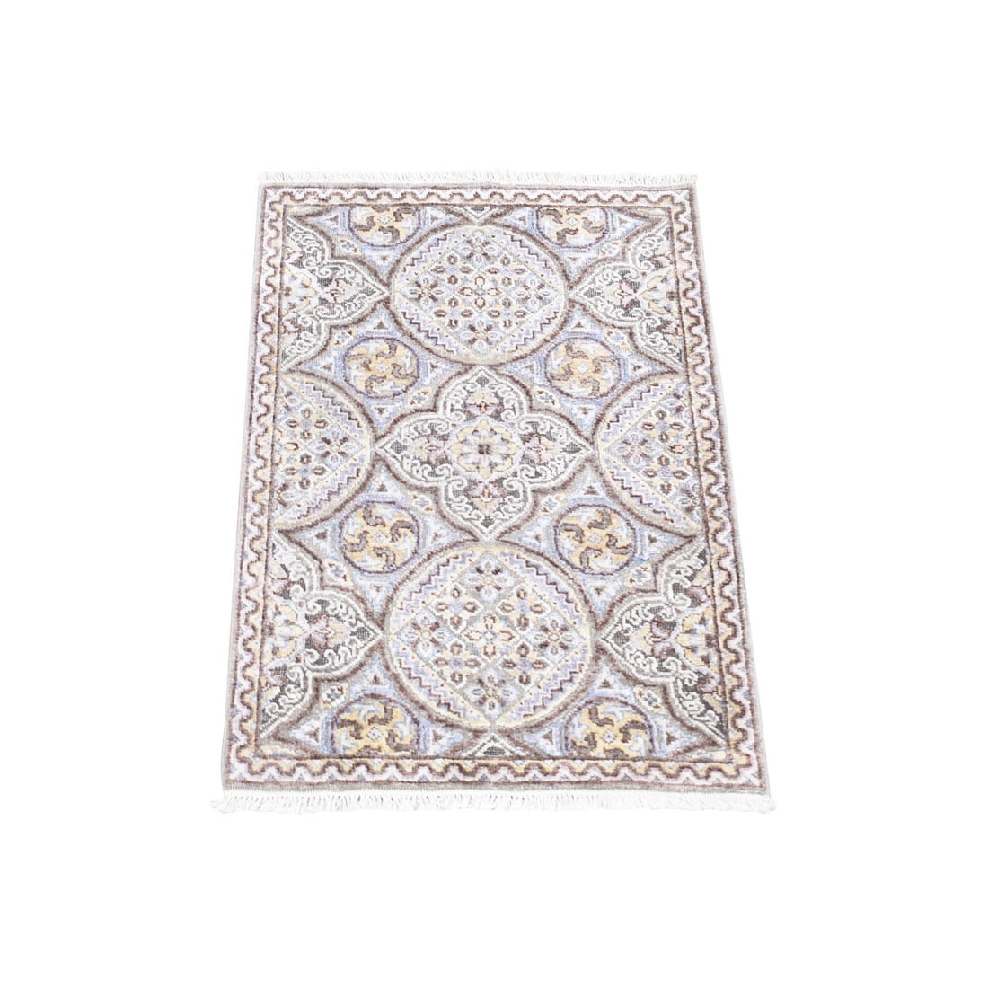 2'1"x3'1" Brown Mughal Inspired Design Wool and Silk Hand Knotted Mat Rug (1 of 6)