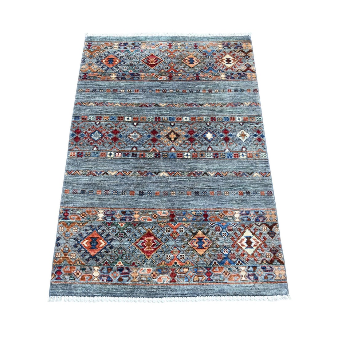 Afghan Super Kazak Design Hand Knotted 3'x4'3" Gray Wool Rug: Afghan Super Kazak Design Hand Knotted 3'x4'3" Gray Wool Rug 51" x 130" gray wool rug with an all-over Kazak design, hand-knotted on cotton foundation, featuring a rectangular field with no border. Ma