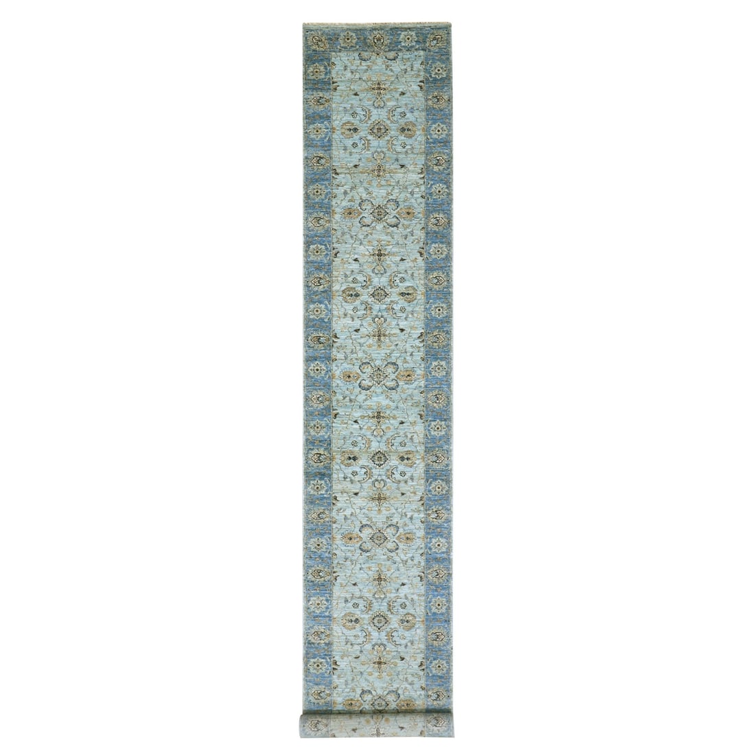 2'8"x22' Aqua Frost Blue Soft Wool Shah Abbas Hand Knotted XL Runner Rug: 2'8"x22' Aqua Frost Blue Soft Wool Shah Abbas Hand Knotted XL Runner Rug Hand-knotted in soft wool, this 2'8"x21'11" Aqua Frost Blue Shah Abbas rug boasts a stunning blue field with intricate Oriental