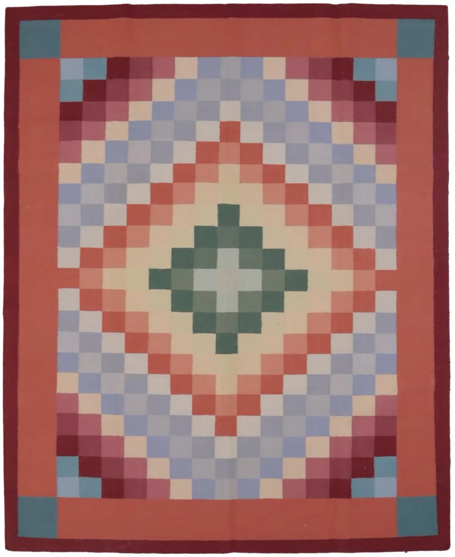 8X10 Modern Multicolor Geometric Dhurrie Rug Flatweave Carpet Kids Room Hand-Knotted: 8X10 Modern Multicolor Geometric Dhurrie Rug Flatweave Carpet Kids Room Hand-Knotted Hand-knotted in wool, this 8x10 modern multicolor geometric dhurrie rug boasts a vibrant, reversible design in a ra