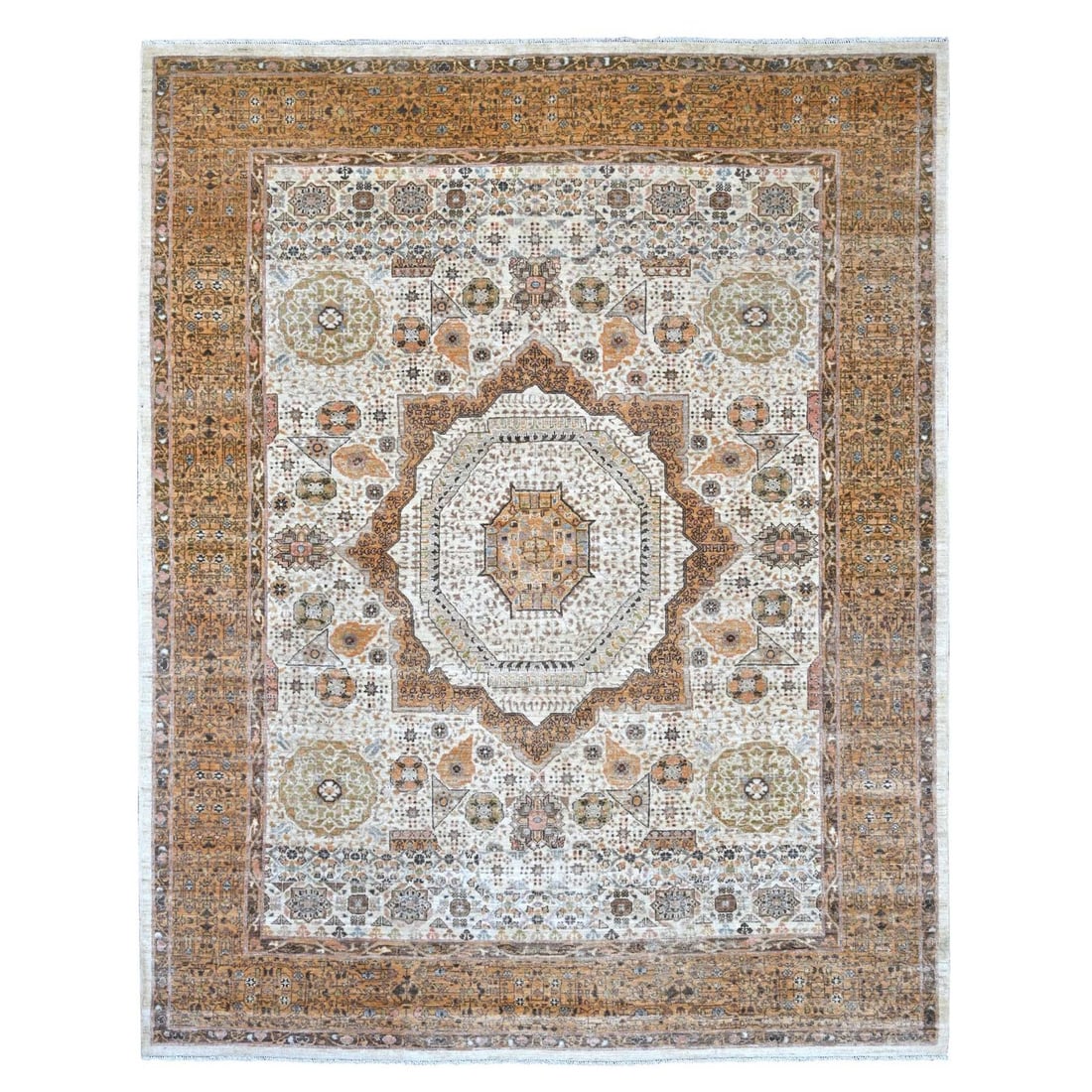 8'1"x10' Ivory 14th Century Mamluk Dynasty Pattern Hand Knotted Wool Rug: 8'1"x10' Ivory 14th Century Mamluk Dynasty Pattern Hand Knotted Wool Rug 8'1"x10' Ivory Mamluk Dynasty Pattern Hand Knotted Wool Rug is a stunning example of 14th century craftsmanship, boasting a ric