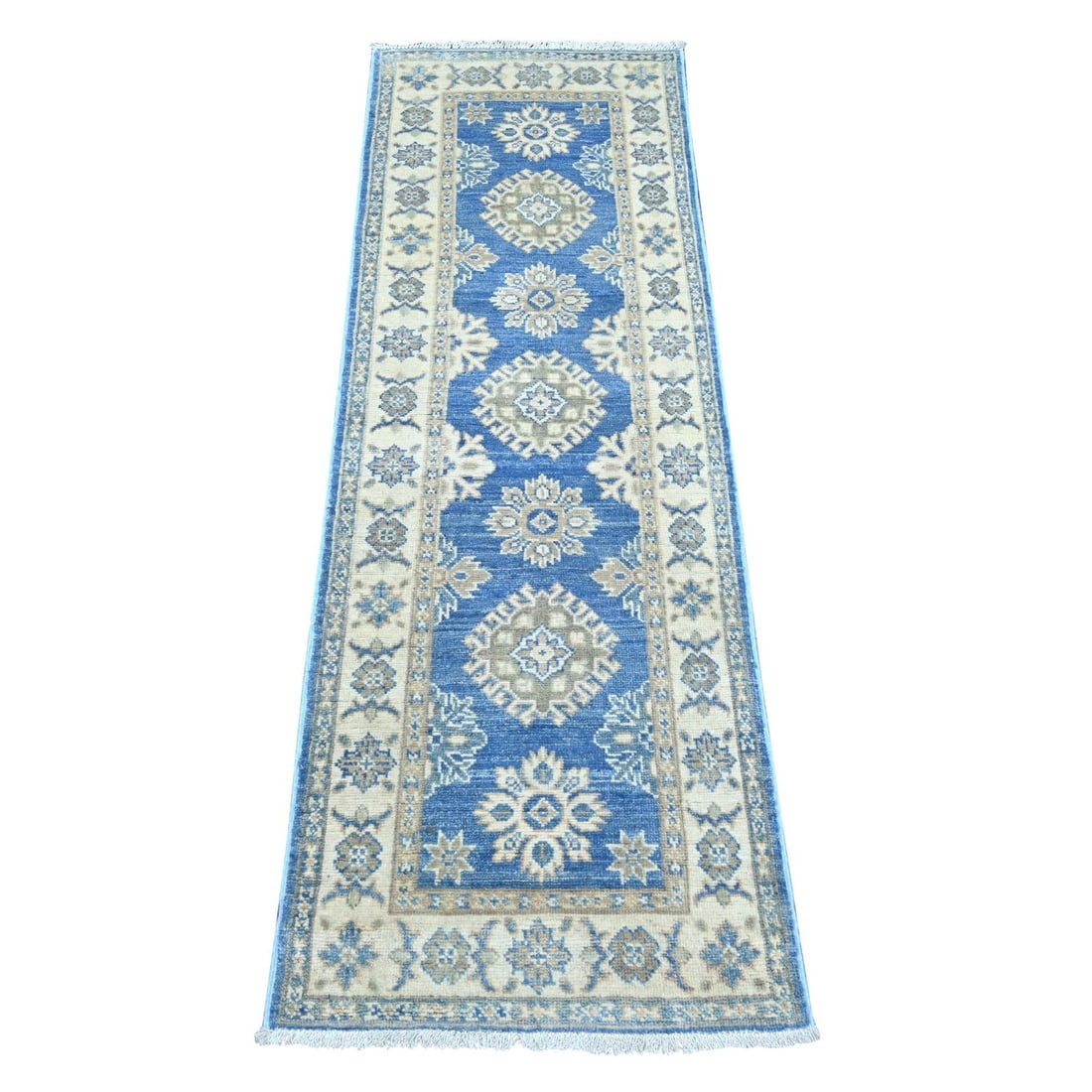 2'x5'7" Blue Vintage Look Kazak Tribal Medallions Hand Knotted Wool Runner (1 of 6)