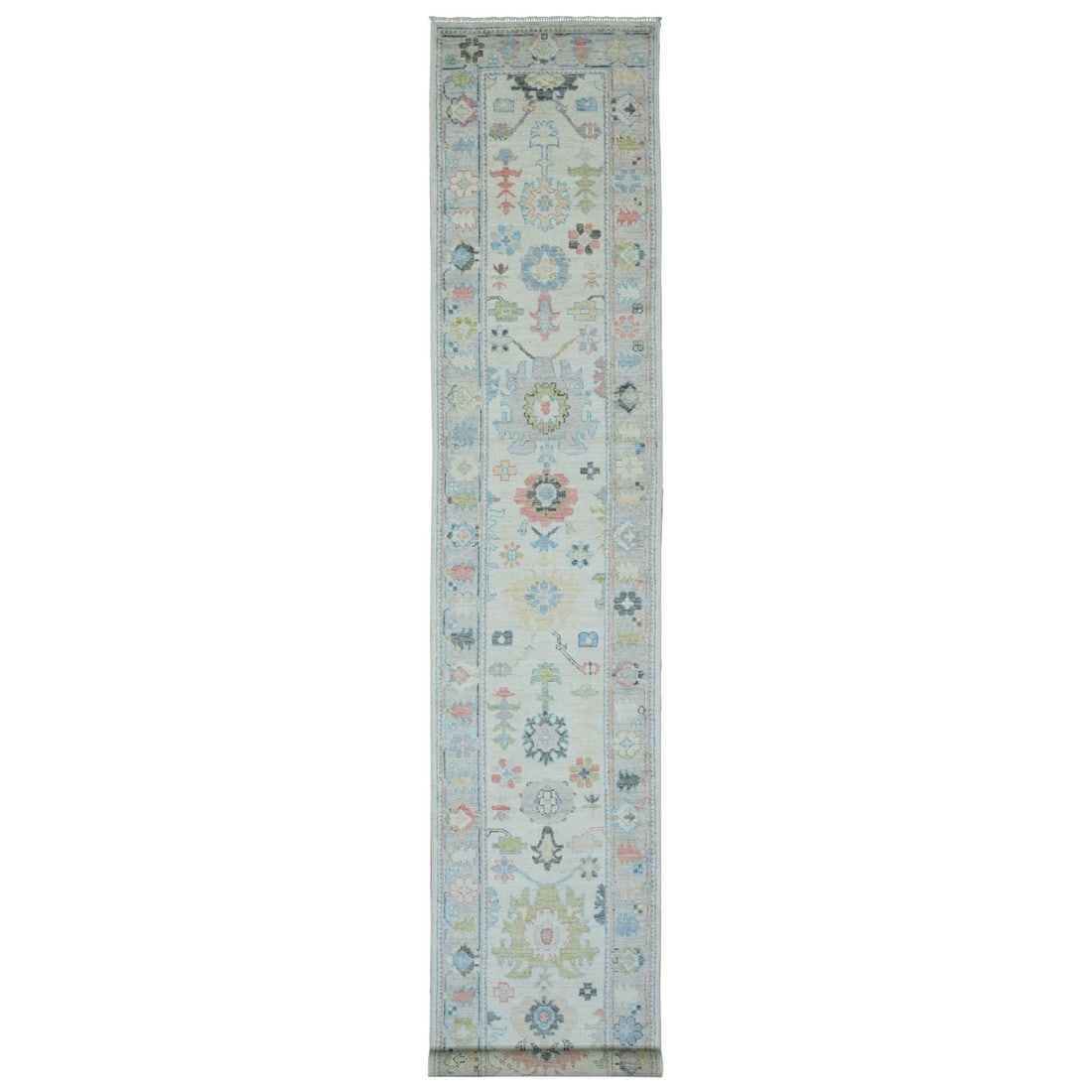 Oushak Leaf Design Hand Knotted All Wool 2'9"x16' White Angora Runner Rug: Oushak Leaf Design Hand Knotted All Wool 2'9"x16' White Angora Runner Rug Hand-knotted in wool, this stunning Oushak leaf design rug boasts a classic ivory color and intricate field pattern. Measuring