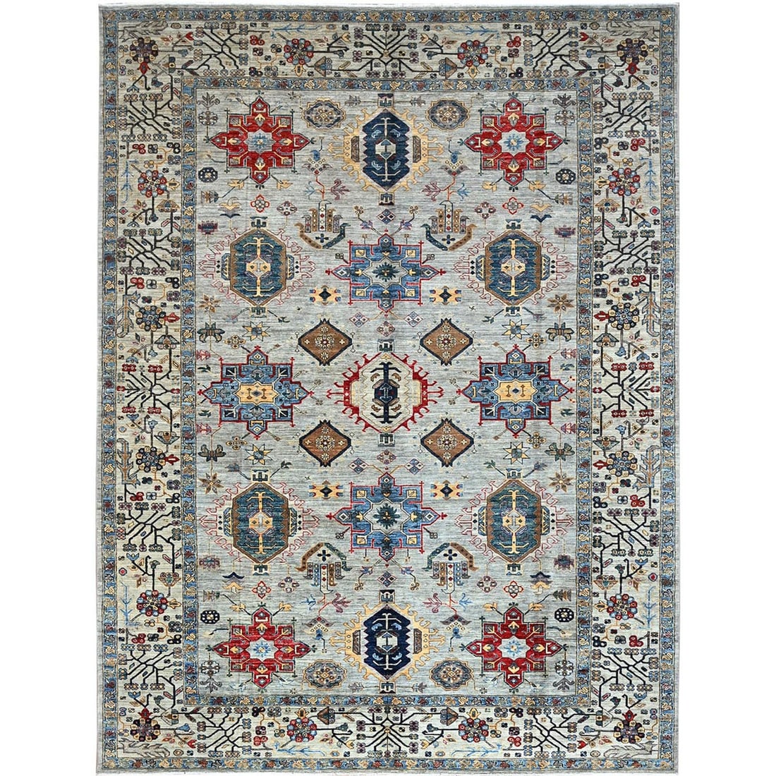 8'9"x11'9" Gray Super Kazak Tribal Medallions Soft Wool Hand Knotted Rug: 8'9"x11'9" Gray Super Kazak Tribal Medallions Soft Wool Hand Knotted Rug Made from 100% soft wool, this 8'9"x11'9" Gray Super Kazak Tribal Medallions rug boasts a unique and intricate design. The hand