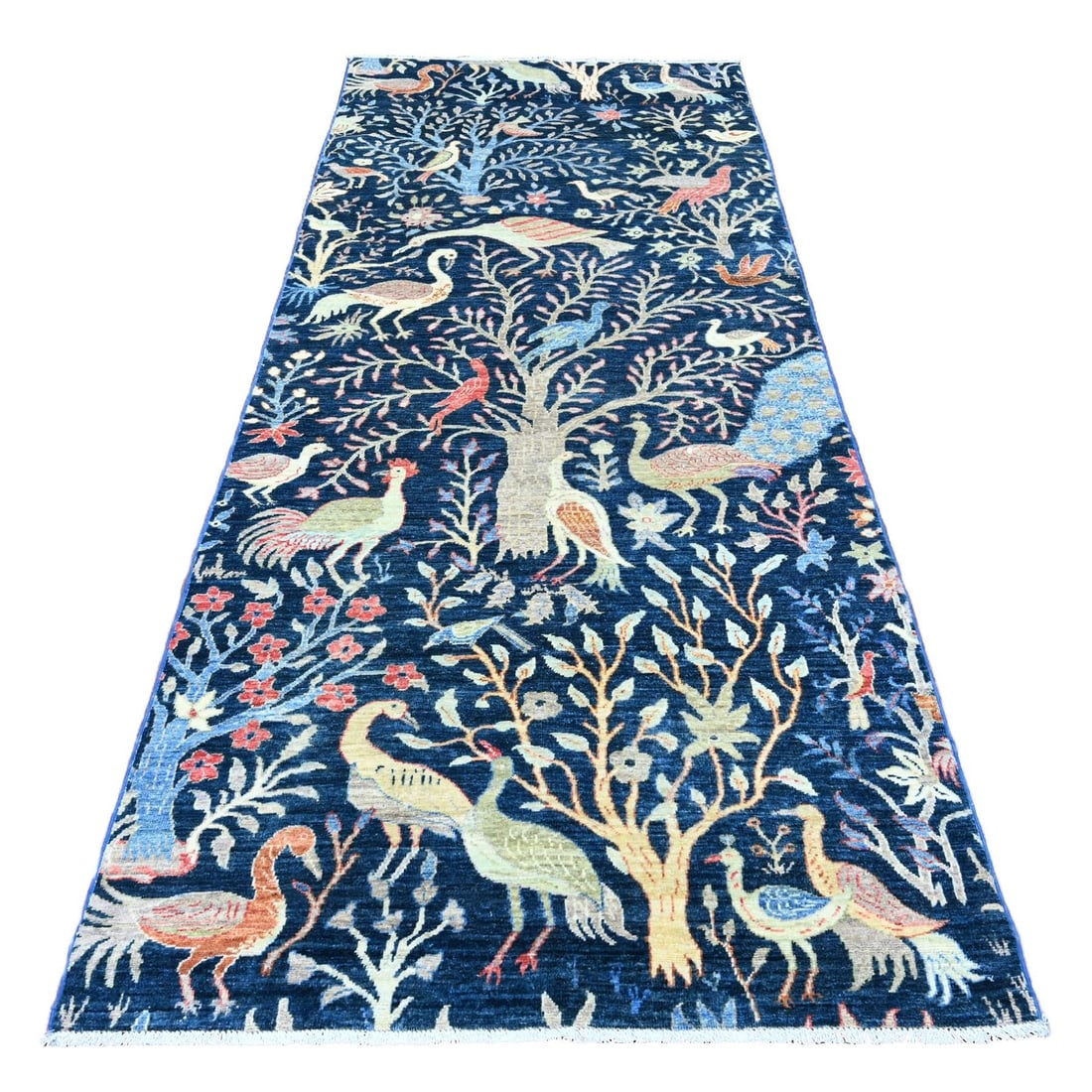 Afghan Peshawar Birds Blue Wool Hand Knotted 4'1"x'9'9" Runner Rug: Afghan Peshawar Birds Blue Wool Hand Knotted 4'1"x'9'9" Runner Rug 100% wool, hand-knotted in the traditional style of Afghan Peshawar, this stunning blue wool runner rug boasts a unique 4'1"x'9'9" si