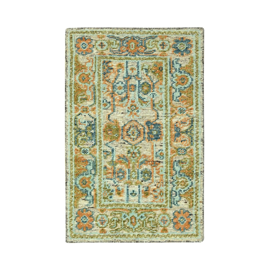 3'1"x5'1" Tan Brown Oushak with Exposed Warps Distressed Hand Knotted Wool: 3'1"x5'1" Tan Brown Oushak with Exposed Warps Distressed Hand Knotted Wool Tan Brown Oushak with Exposed Warps Distressed Hand Knotted Wool. This 3'1"x5'1" rectangular rug boasts an all-over regional 